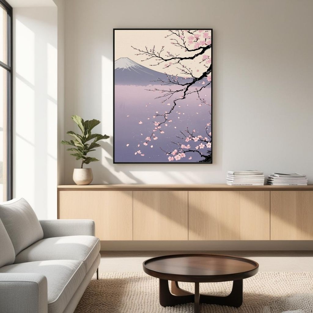 Cherry Blossom Wall Art Printable, Japanese Landscape Decor, Sakura Mountain Poster, Digital Download Print