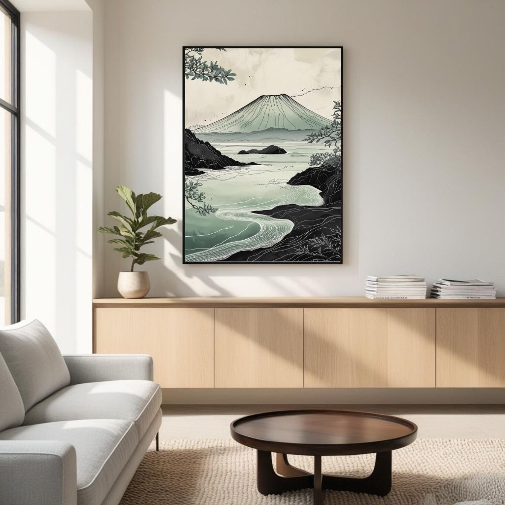 Japanese Mountain Landscape Wall Art | Minimalist Nature Print | Zen Coastal Decor | Digital Download