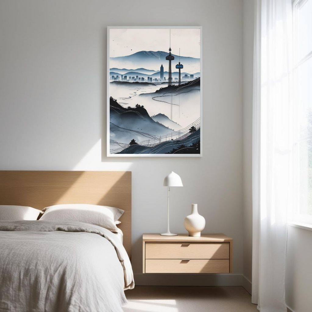 Modern Cityscape Wall Art Printable, Minimal Skyline Landscape Poster, Contemporary Urban Mountain Decor, Digital Download Print