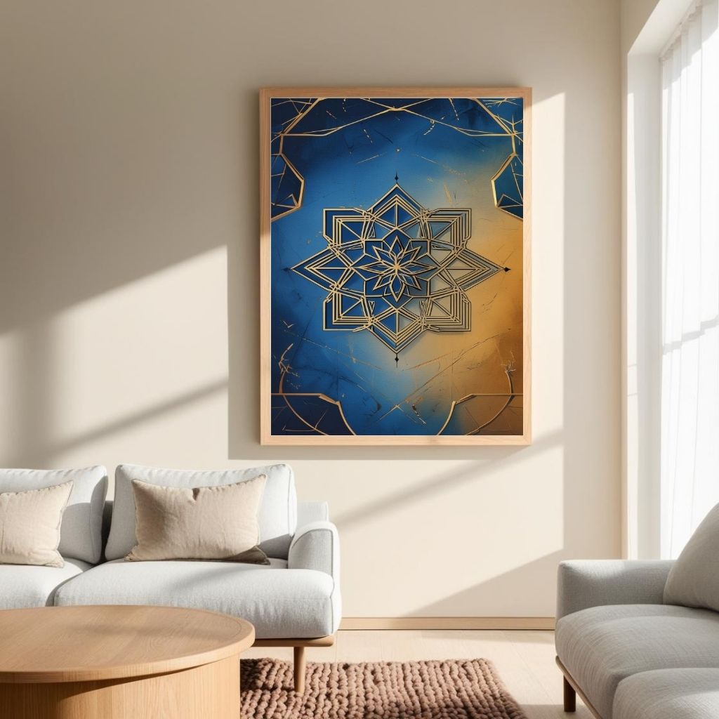 Islamic Geometric Wall Art Blue Gold Mandala Printable Poster