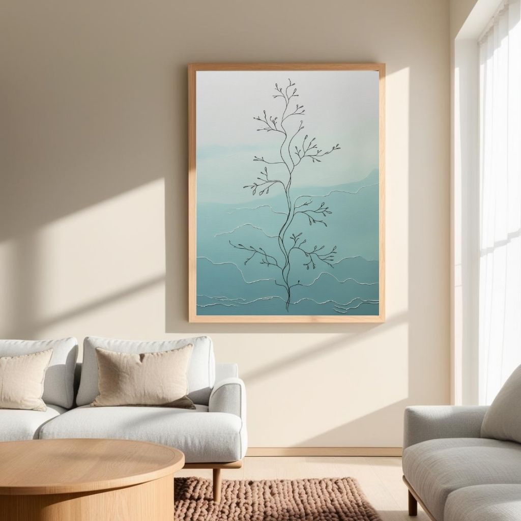 Minimal Botanical Wall Art Printable, Modern Line Drawing Plant Print, Scandinavian Nature Decor, Blue Abstract Digital Download Poster