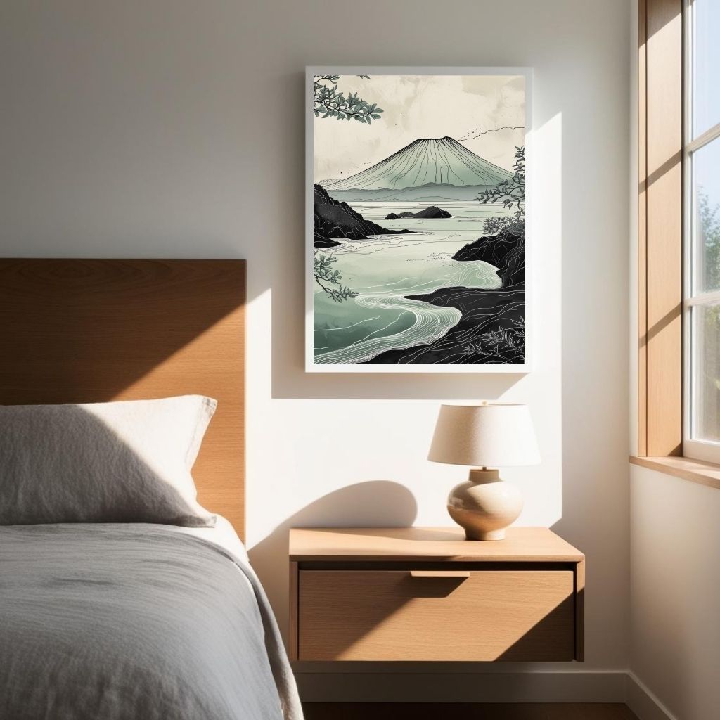 Japanese Mountain Landscape Wall Art | Minimalist Nature Print | Zen Coastal Decor | Digital Download