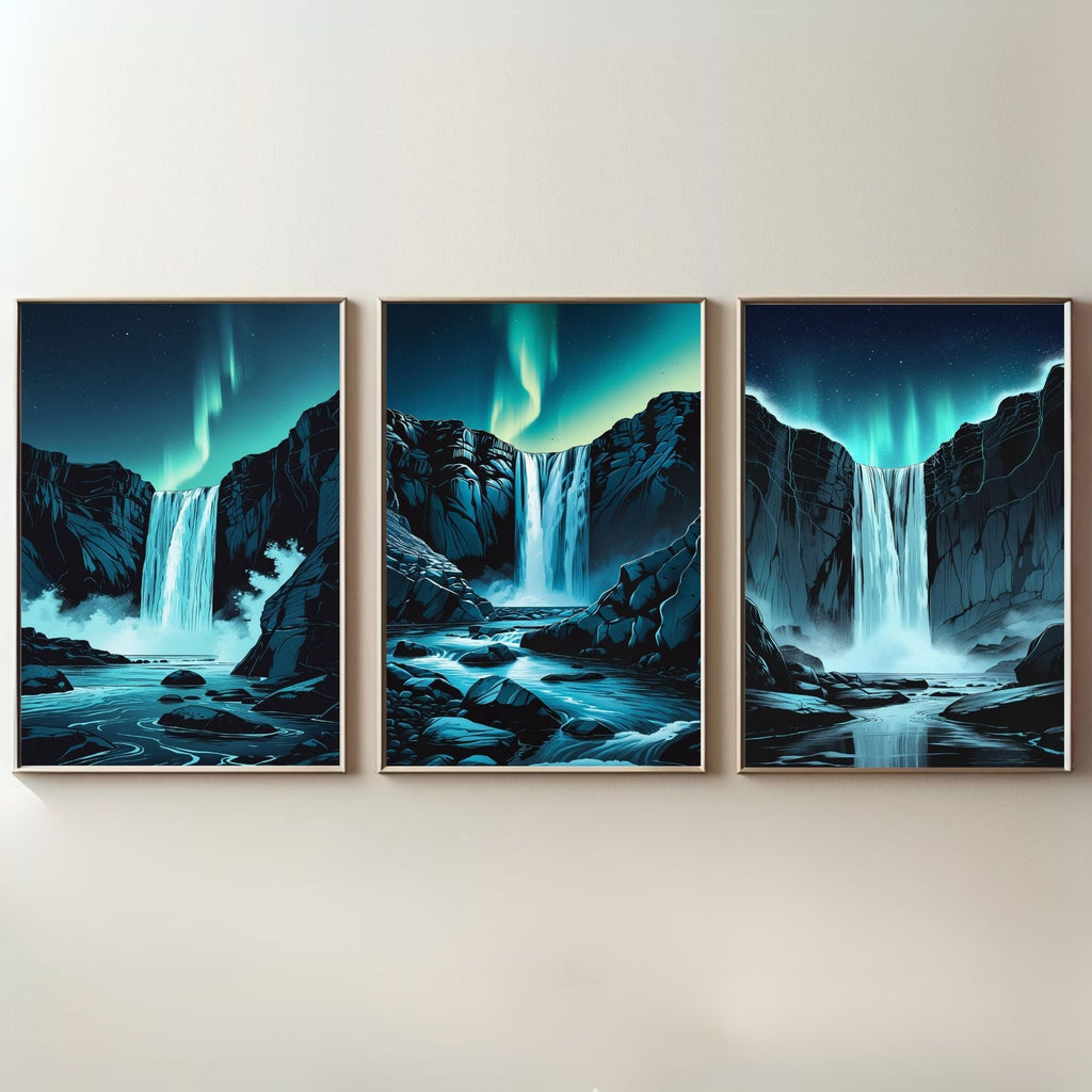 Aurora Waterfall Wall Art Set of 3 | Northern Lights Waterfall Prints | Nordic Nature Landscape Decor | Digital Download