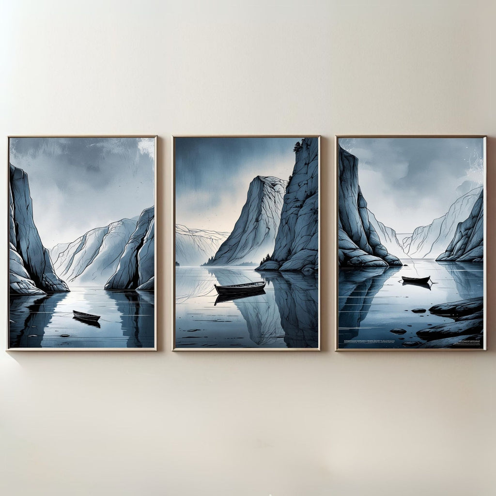 Nordic Fjord Wall Art Set of 3 | Scandinavian Mountain Lake Prints | Minimalist Nature Decor | Digital Download
