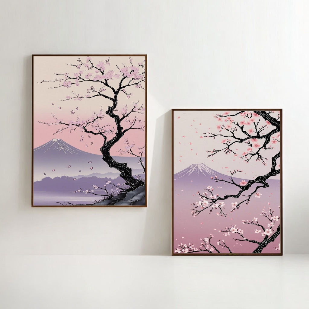 Japanese Cherry Blossom Wall Art Set of 2 | Sakura Tree Prints | Mount Fuji Landscape Decor | Pink Japanese Wall Art | Zen Nature Artwork | Digital Download
