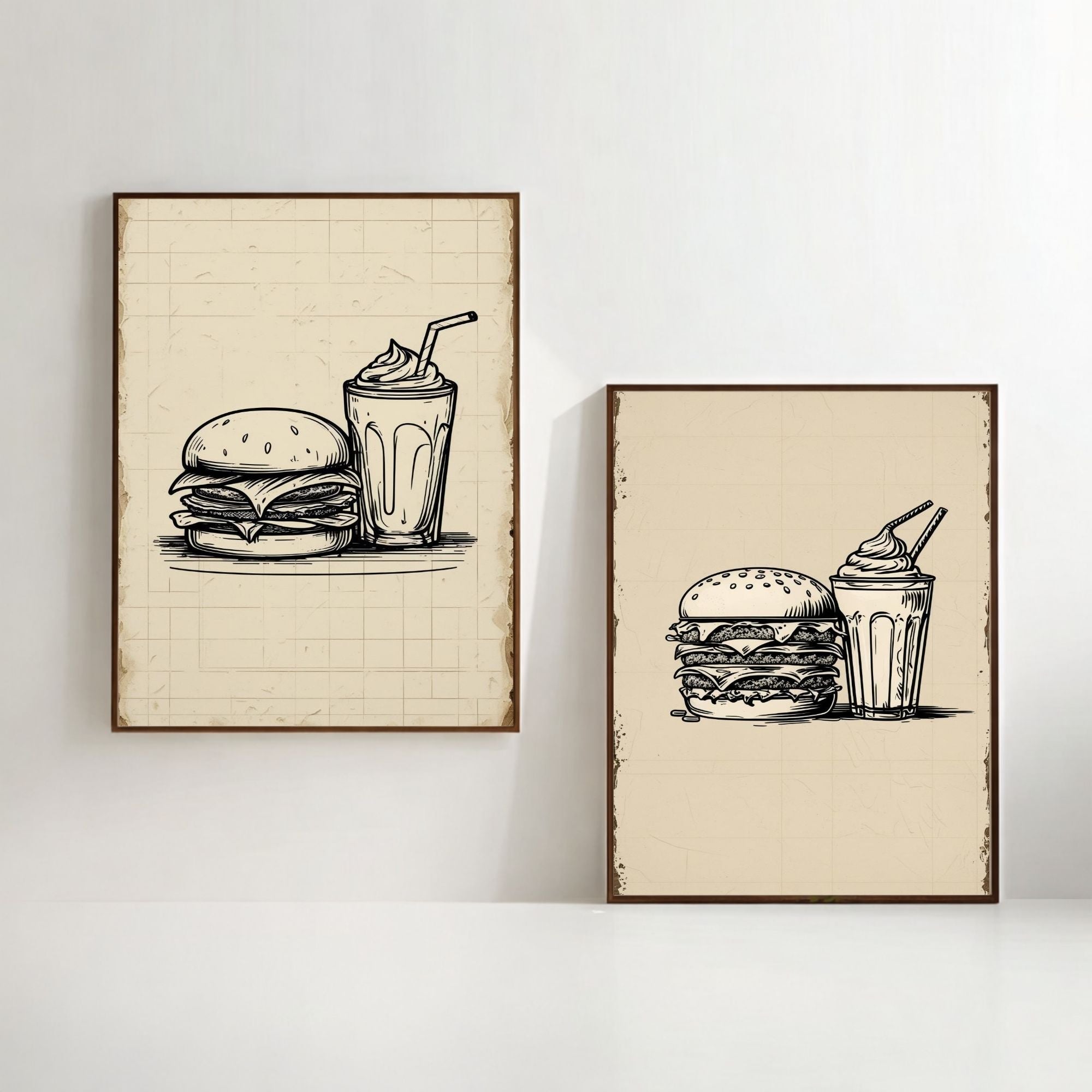 Burger & Milkshake Wall Art Set of 2 | Retro Fast Food Kitchen Prints | Vintage Restaurant Decor | Minimalist Food Poster Set | Printable Dining Room Artwork