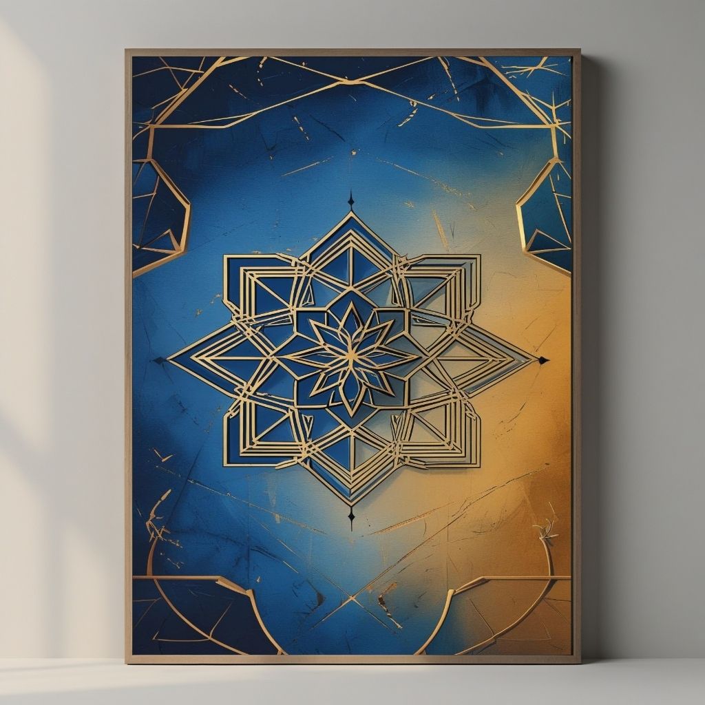 Islamic Geometric Wall Art Blue Gold Mandala Printable Poster