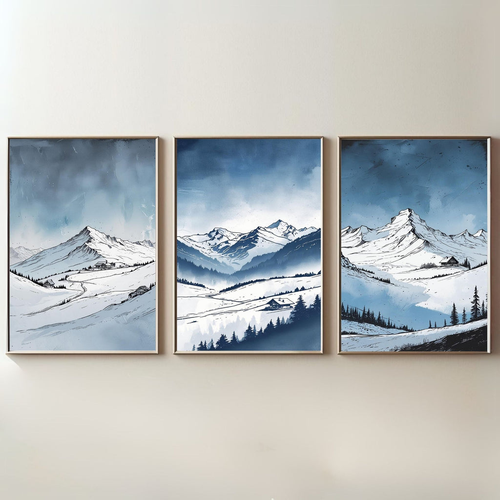 Winter Mountain Landscape Wall Art Set of 3 | Snowy Alpine Prints | Scandinavian Nature Decor | Digital Download