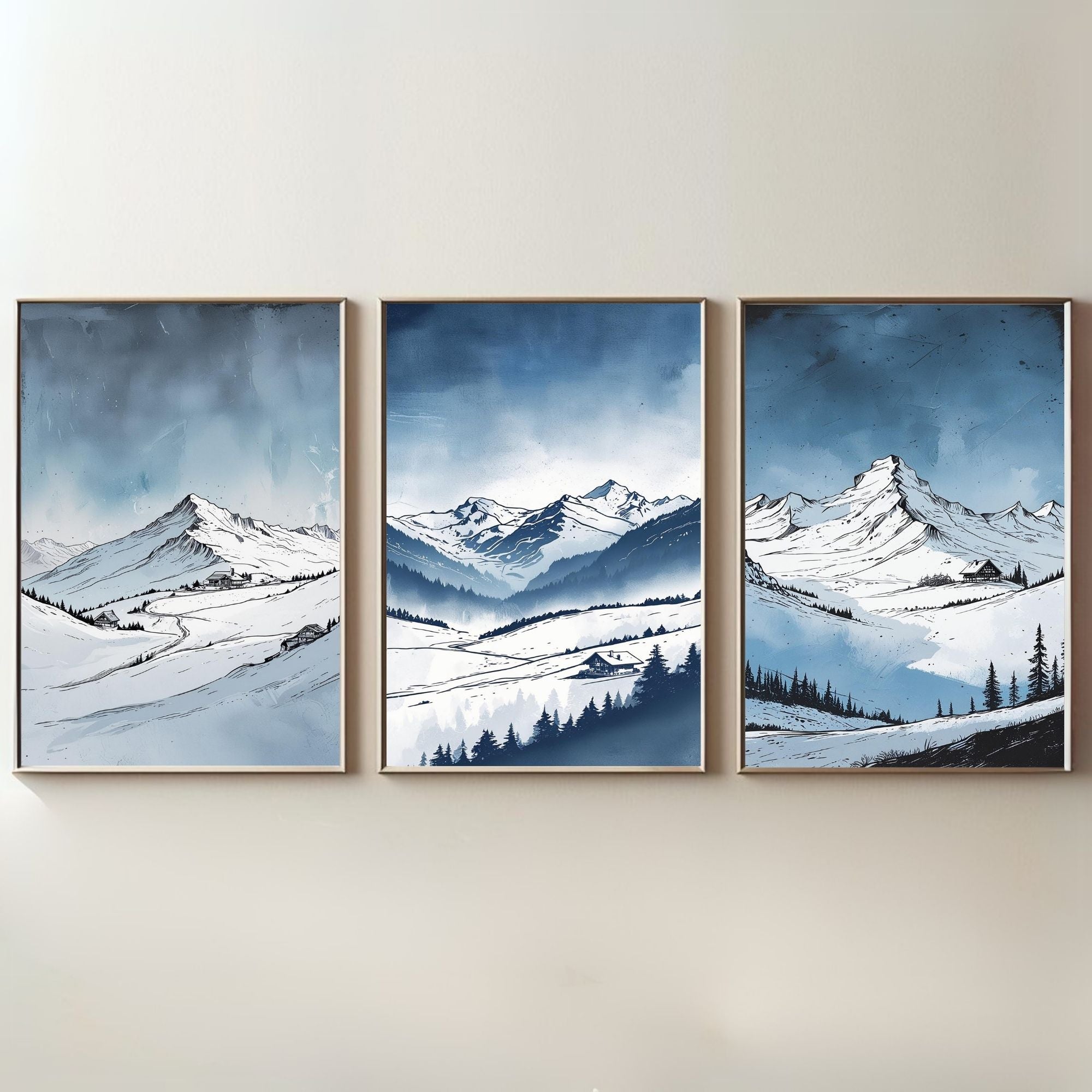 Winter Mountain Landscape Wall Art Set of 3 | Snowy Alpine Prints | Scandinavian Nature Decor | Digital Download