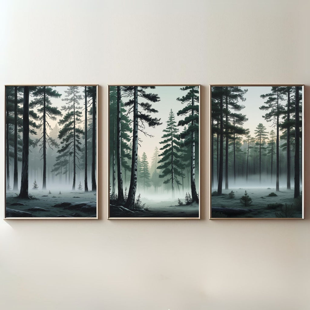 Misty Pine Forest Wall Art Set of 3 | Foggy Woodland Prints | Scandinavian Nature Decor | Evergreen Forest Artwork | Digital Download