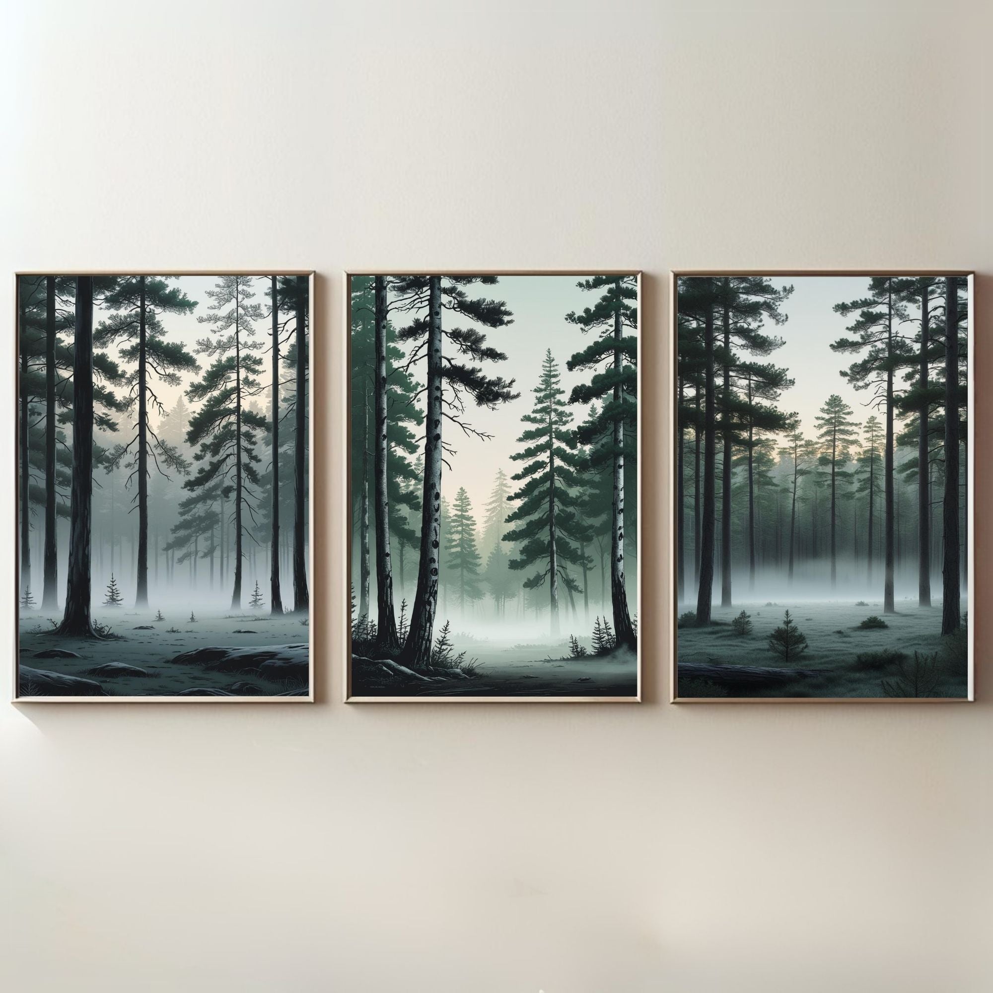 Misty Pine Forest Wall Art Set of 3 | Foggy Woodland Prints | Scandinavian Nature Decor | Evergreen Forest Artwork | Digital Download