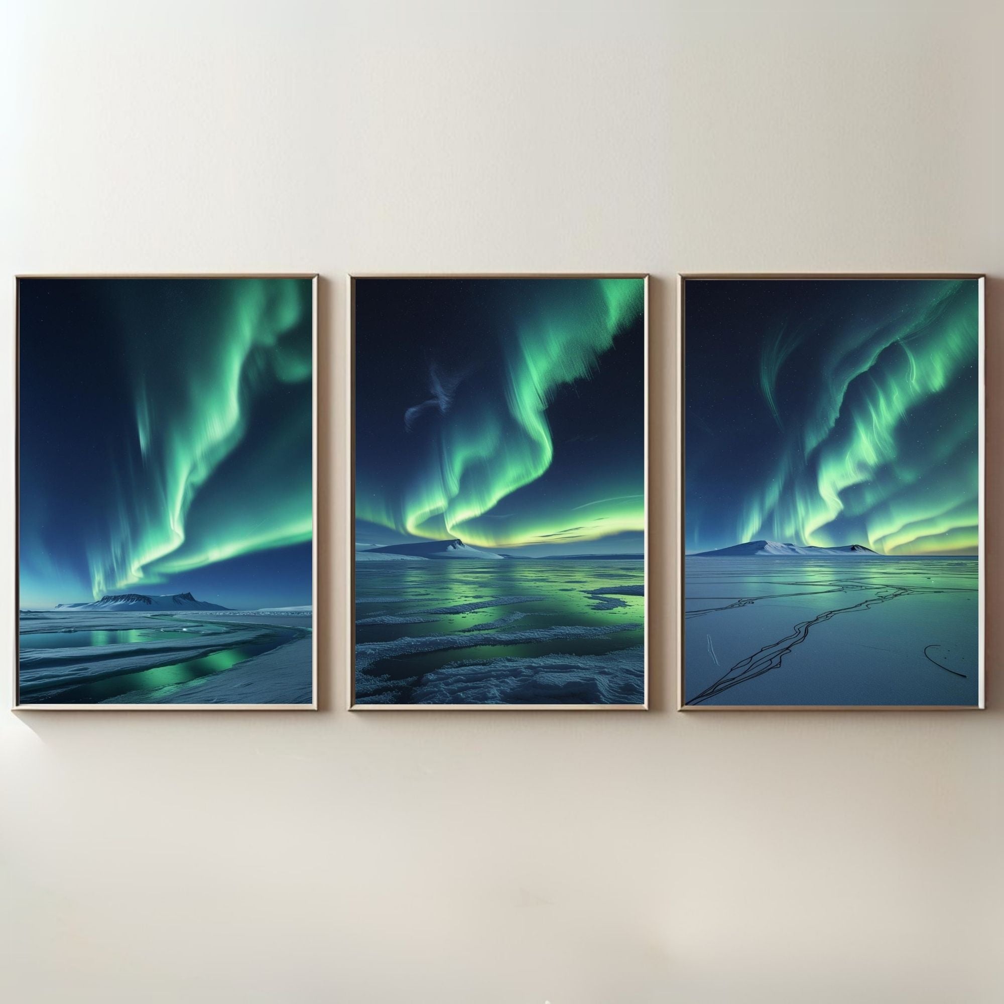 Northern Lights Wall Art Set of 3 | Aurora Borealis Landscape Prints | Arctic Night Sky Decor | Digital Download