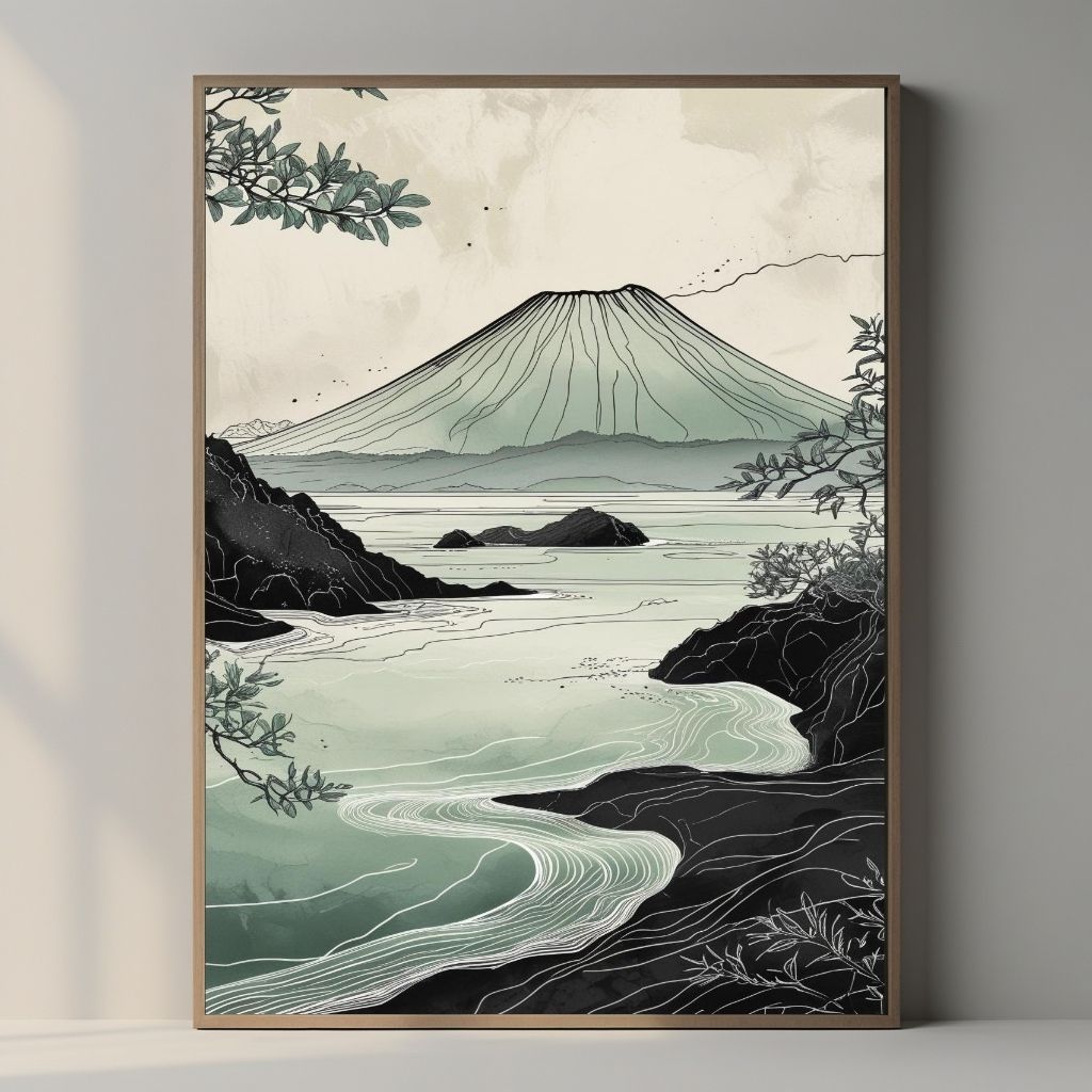Japanese Mountain Landscape Wall Art | Minimalist Nature Print | Zen Coastal Decor | Digital Download