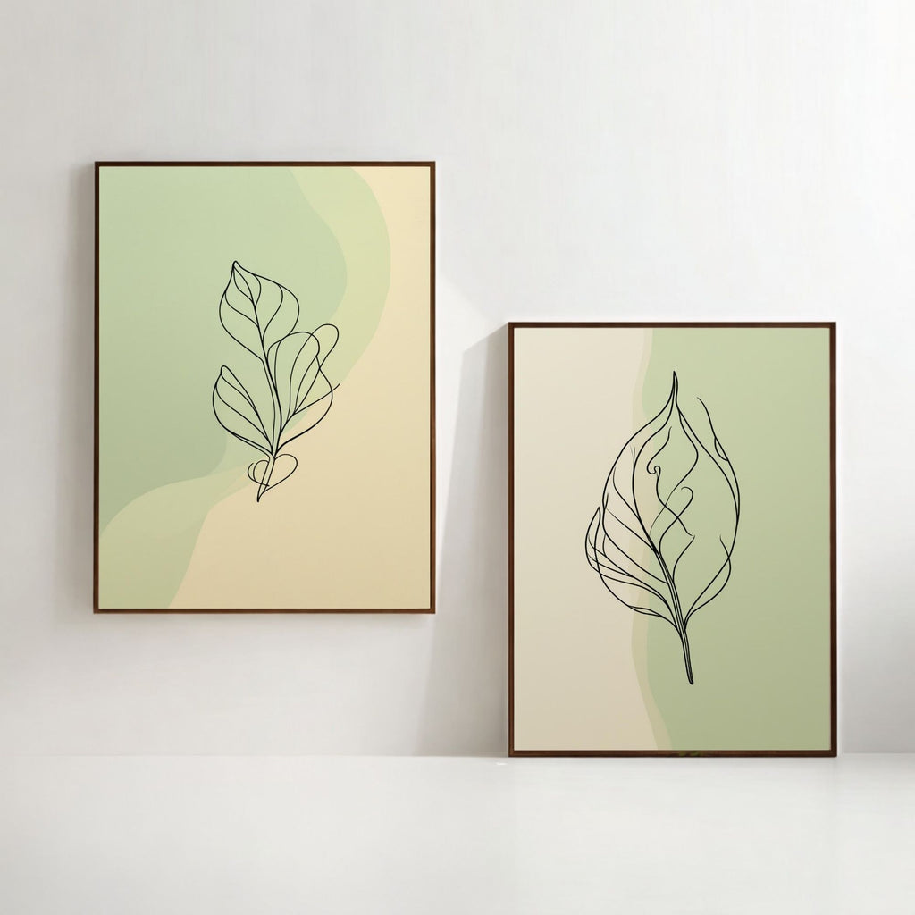 Minimalist Leaf Wall Art Set of 2 Botanical Line Art Prints