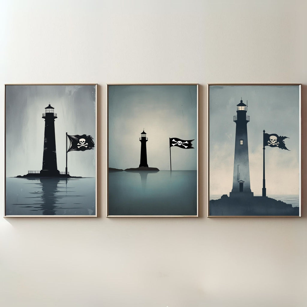 Pirate Lighthouse Wall Art Set of 3 | Nautical Coastal Prints | Maritime Adventure Decor | Digital Download