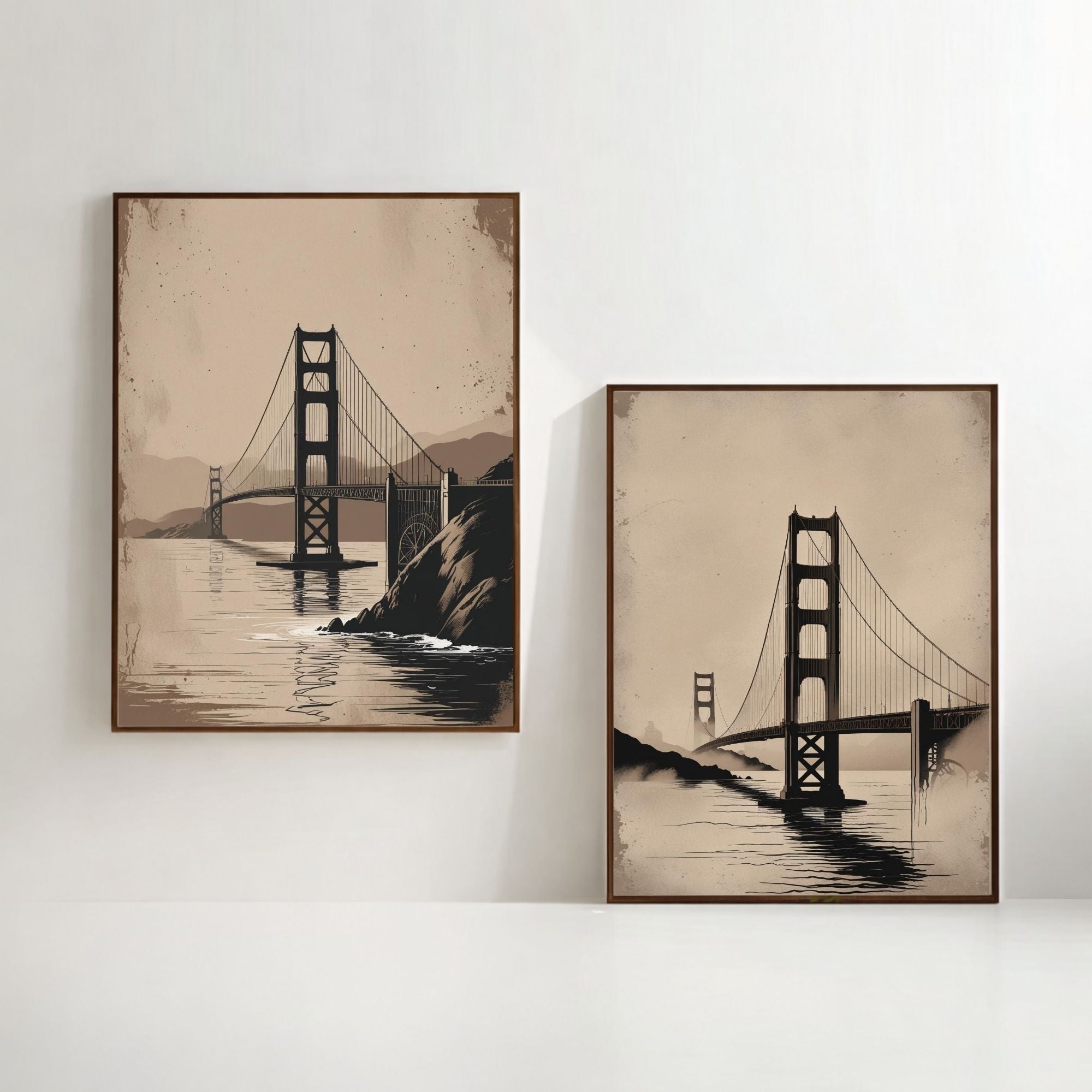 Golden Gate Bridge Wall Art Set of 2 | San Francisco Landmark Prints | Vintage Travel Poster Decor | Minimalist Coastal Landscape Art | Neutral Beige Wall Decor | Digital Download