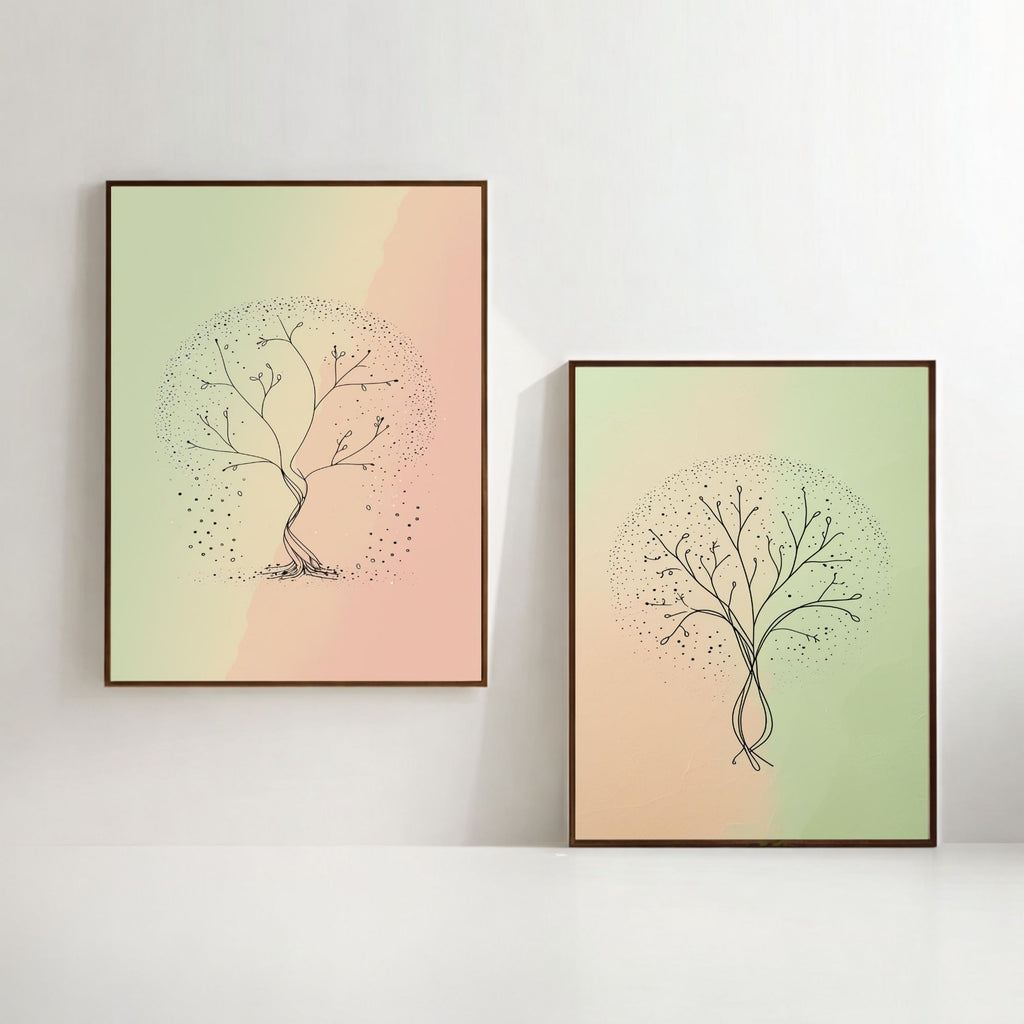 Minimalist Tree Wall Art Set of 2 | Abstract Botanical Tree Prints | Pastel Green & Blush Pink Decor | Scandinavian Nature Art | Modern Organic Wall Decor | Digital Download