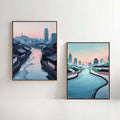 Korean Cityscape Wall Art Set of 2 | Traditional Village & Modern Skyline Prints | Asian Architecture Decor | Seoul Inspired Artwork | Printable Wall Decor