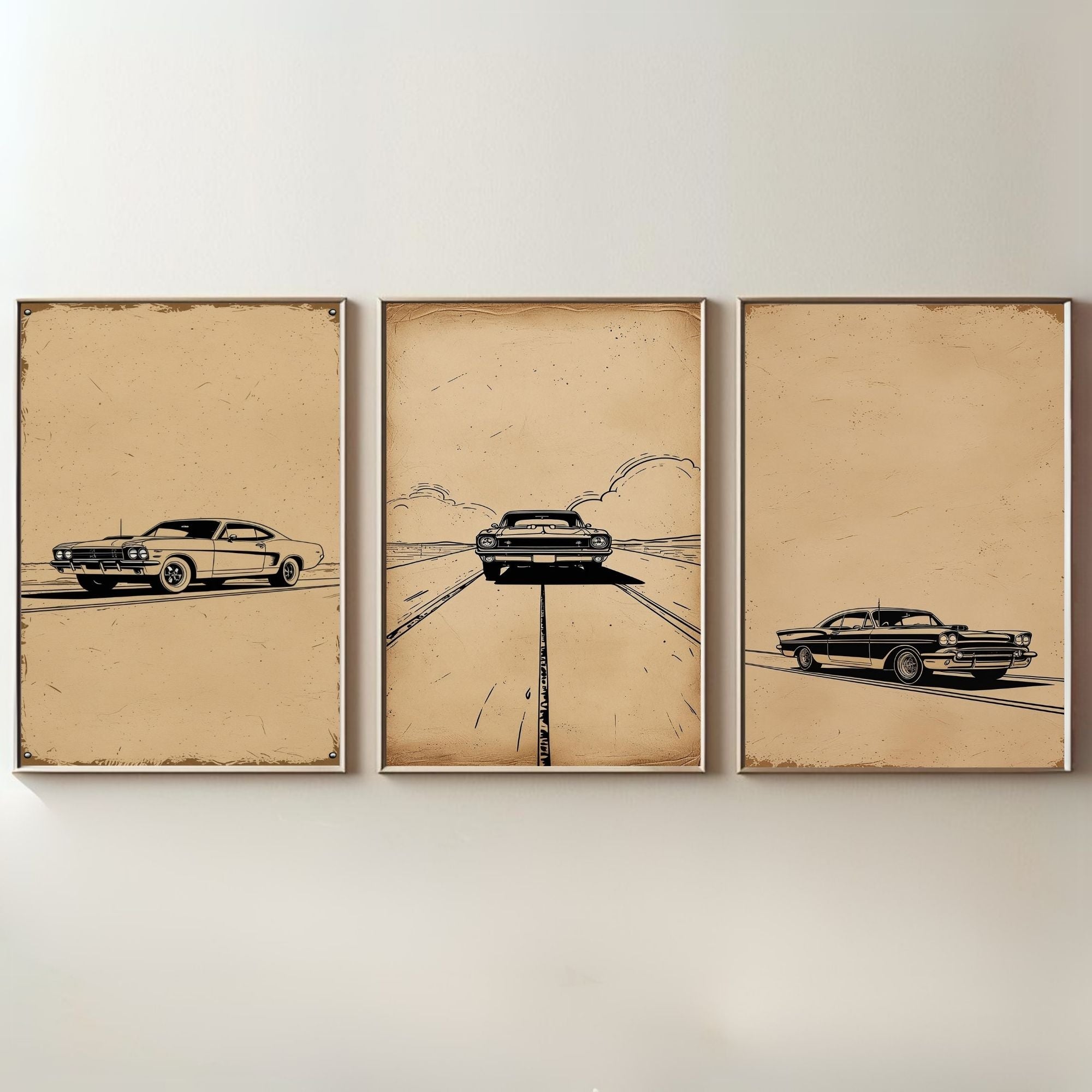 Classic Muscle Car Wall Art Set of 3 | Vintage Automotive Prints | Retro Garage Decor | Digital Download