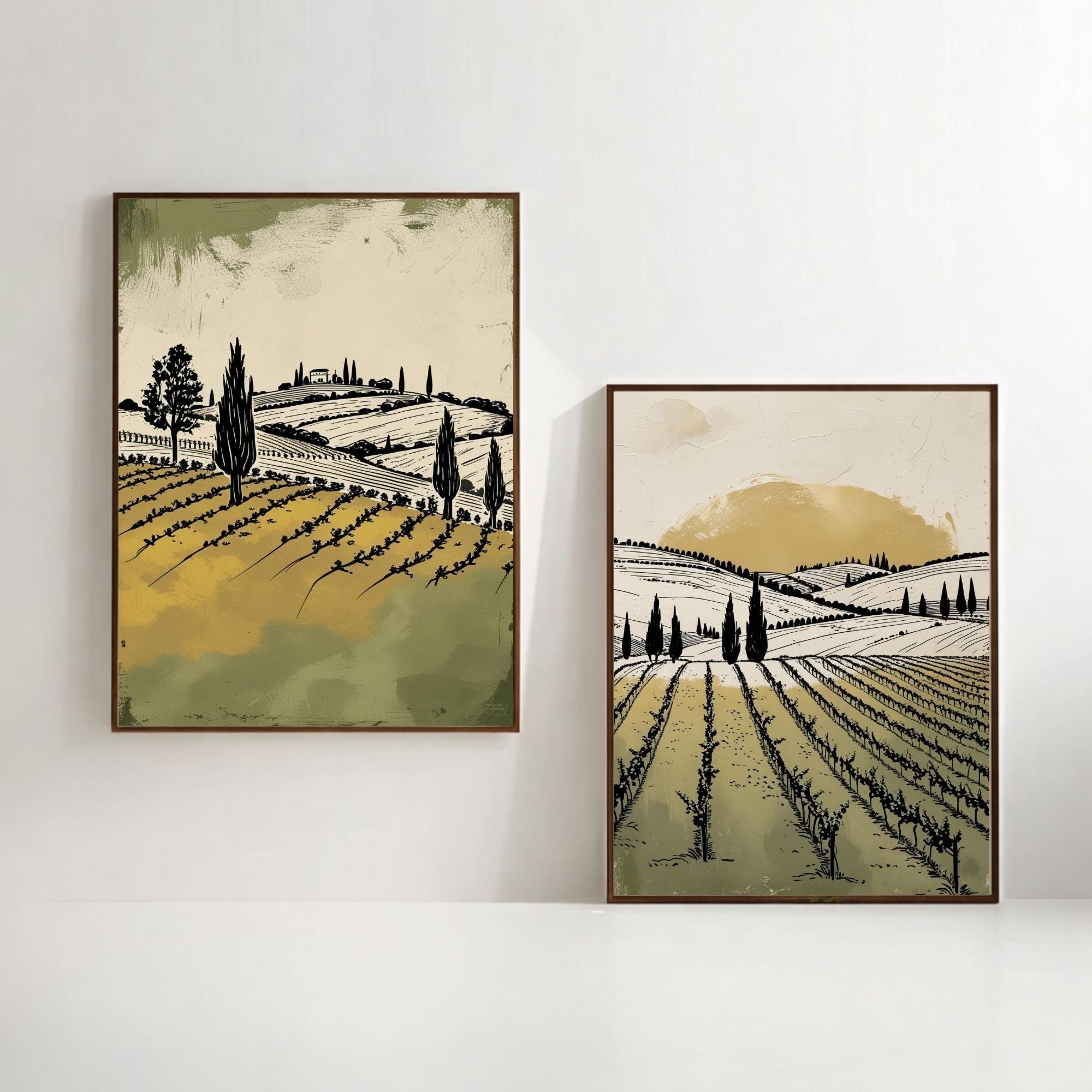 Tuscan Vineyard Wall Art Set of 2 | Italian Countryside Prints | Rustic Farm Landscape Decor | Vintage Vineyard Artwork | Neutral Green Beige Wall Art | Digital Download