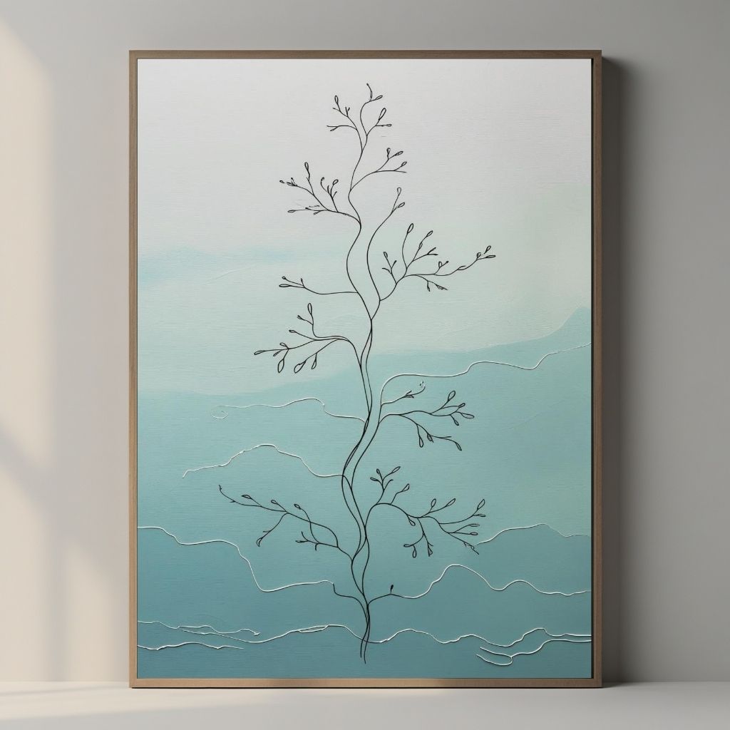 Minimal Botanical Wall Art Printable, Modern Line Drawing Plant Print, Scandinavian Nature Decor, Blue Abstract Digital Download Poster