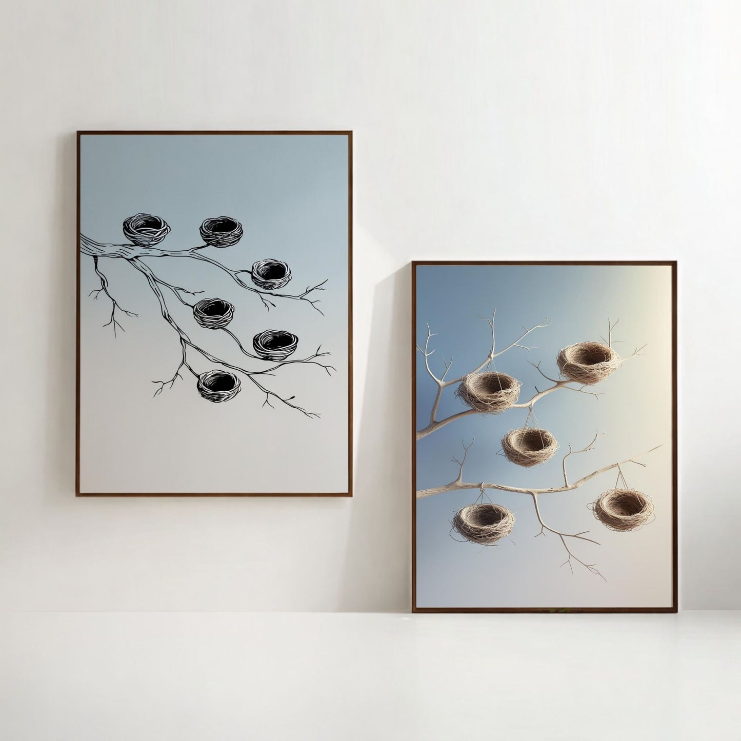 Bird Nest Wall Art Set of 2 Printable, Botanical Branch Prints, Rustic Nature Home Decor, Digital Download
