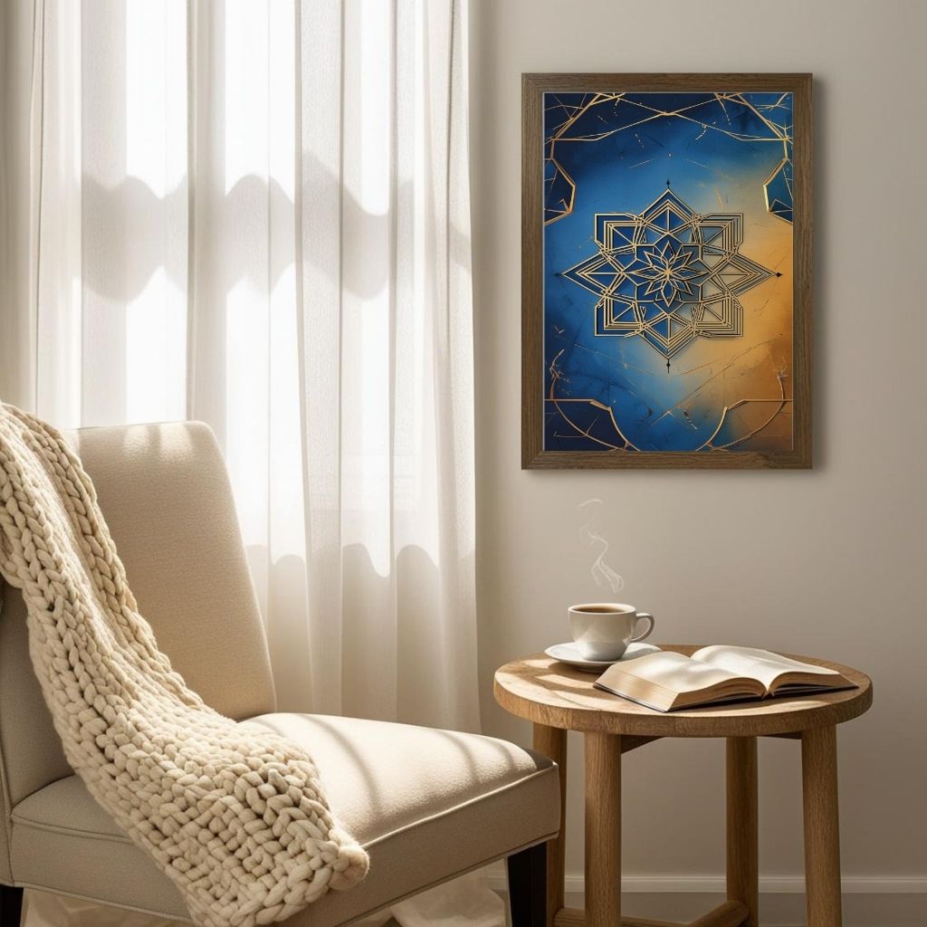 Islamic Geometric Wall Art Blue Gold Mandala Printable Poster