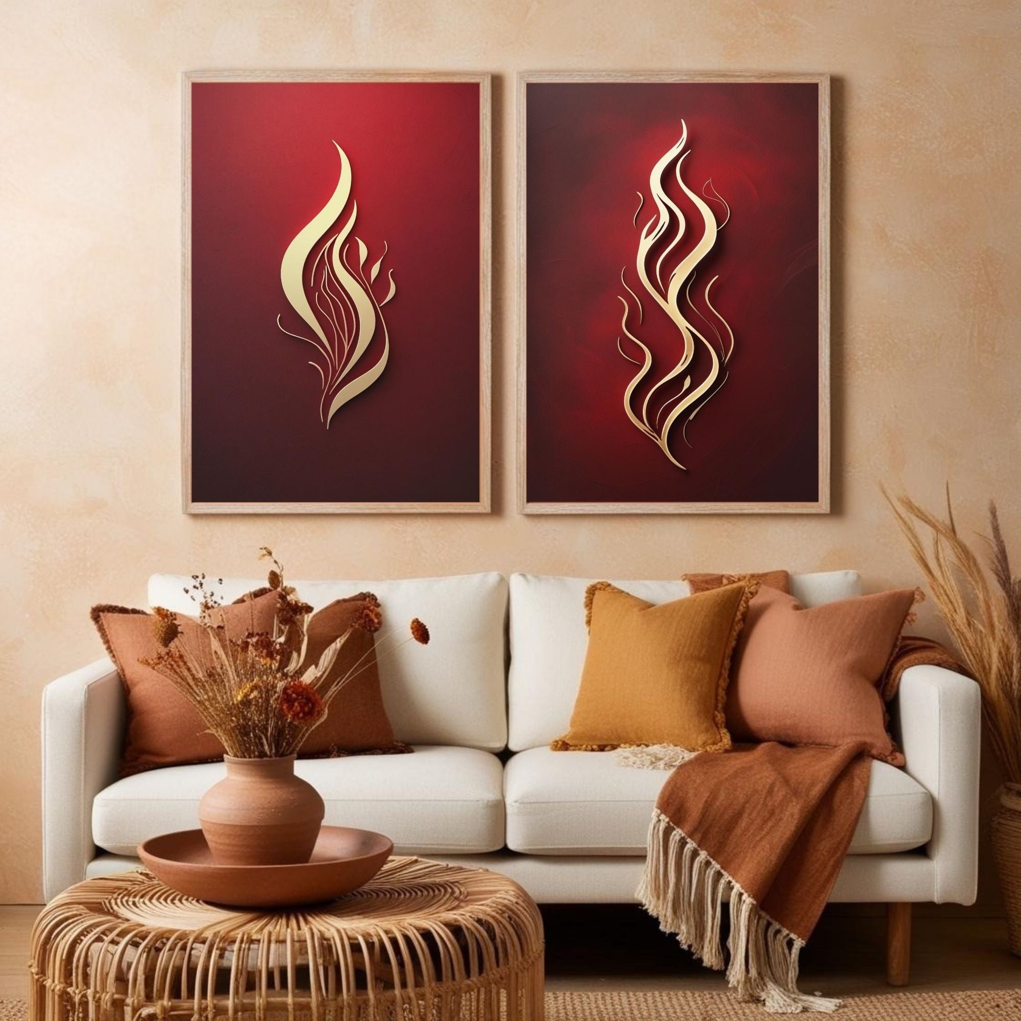 Red & Gold Abstract Flame Wall Art Set of 2 | Modern Fire Artwork | Luxury Red Minimalist Prints | Contemporary Abstract Decor | Burgundy Gold Wall Art | Digital Download