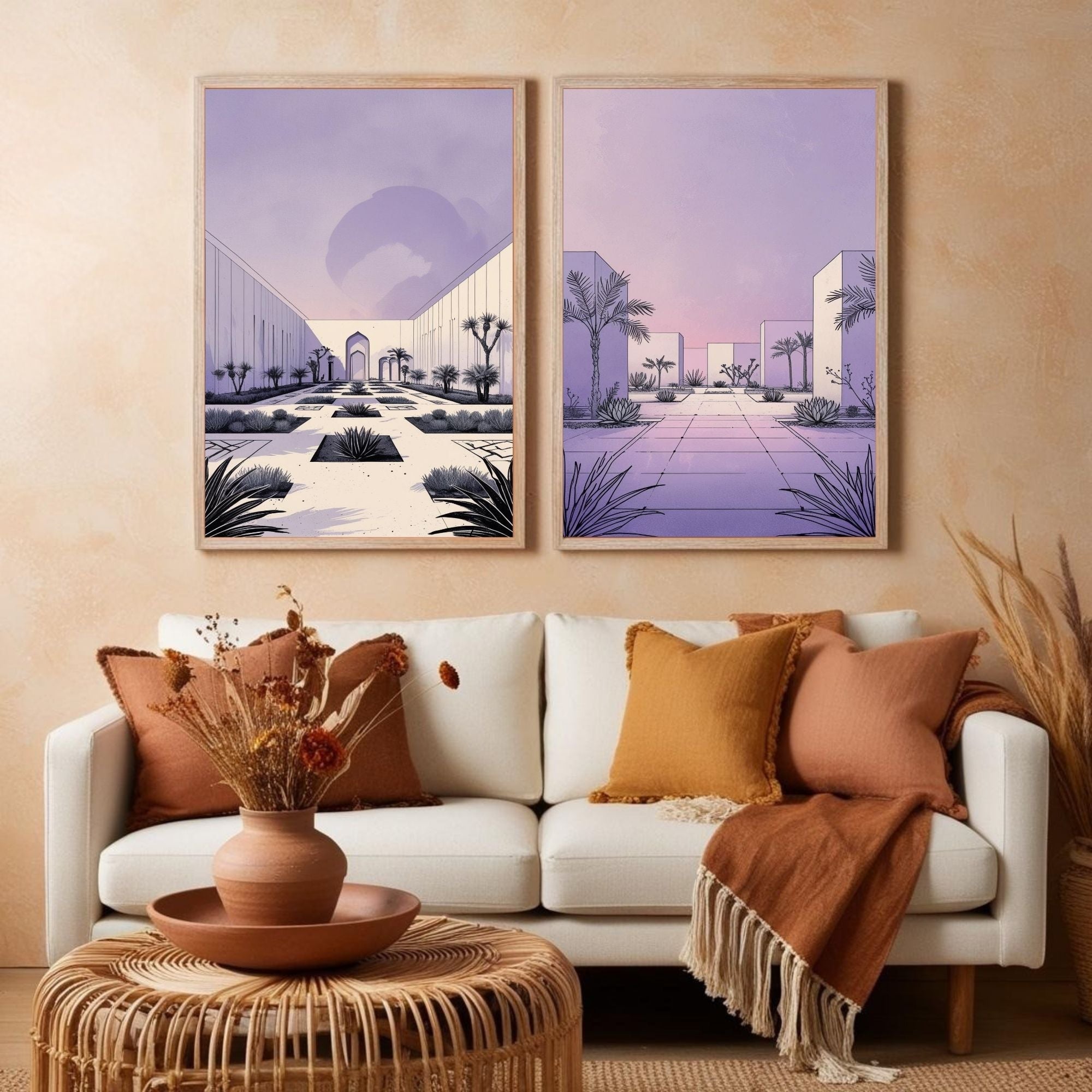 Modern Desert Courtyard Wall Art Set of 2 | Minimalist Architectural Prints | Pastel Lavender Landscape Decor | Contemporary Desert Oasis Artwork | Digital Download