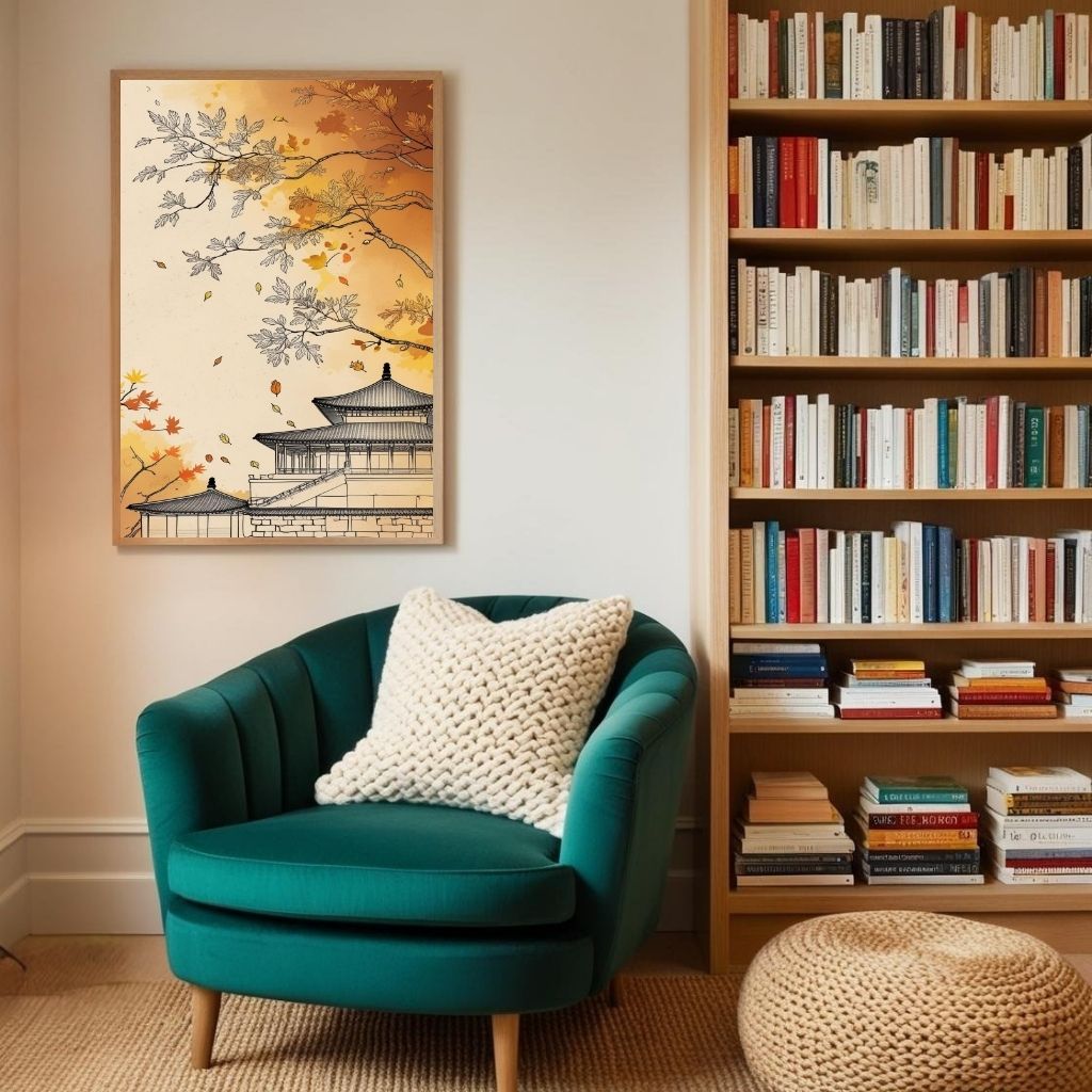 Japanese Temple Wall Art Printable, Autumn Pagoda Poster, Asian Landscape Decor, Zen Architecture Print, Digital Download Print