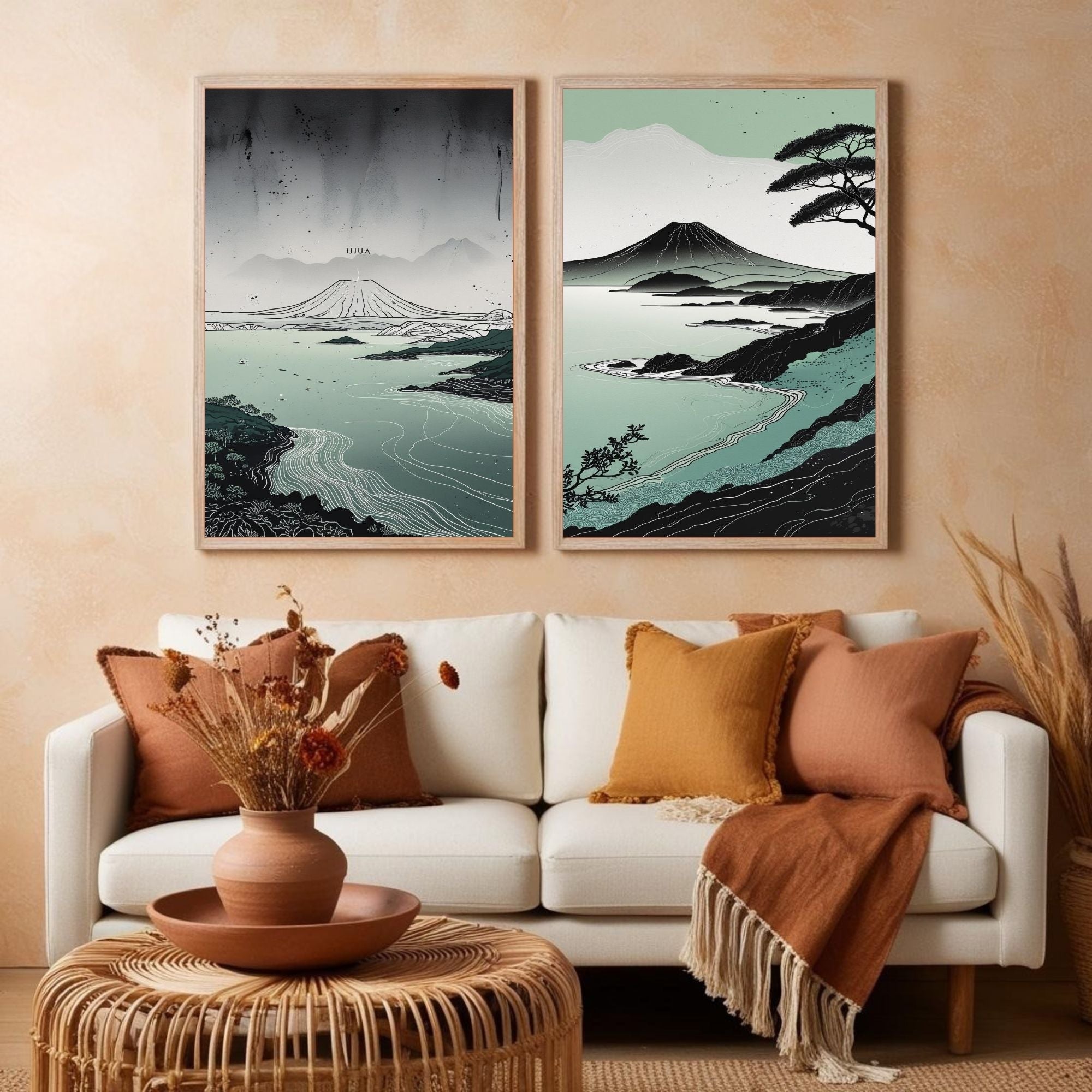 Japanese Landscape Wall Art Set of 2 Mount Fuji Printable Prints
