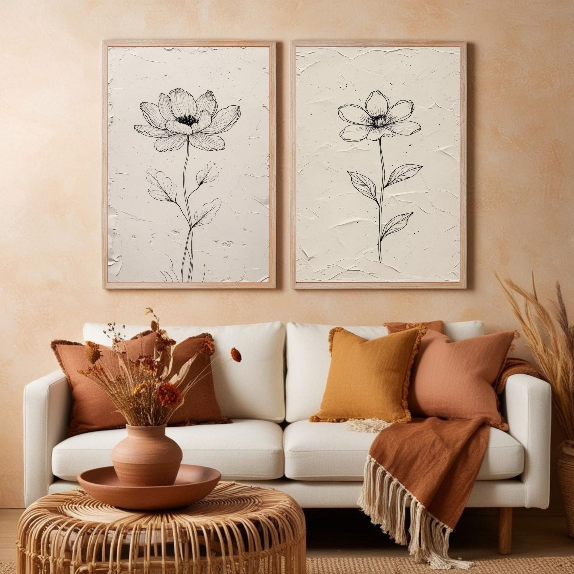 Minimalist Botanical Flower Wall Art Set of 2 | Black and White Floral Line Drawing Prints | Neutral Modern Flower Decor | Scandinavian Botanical Artwork | Printable Wall Art
