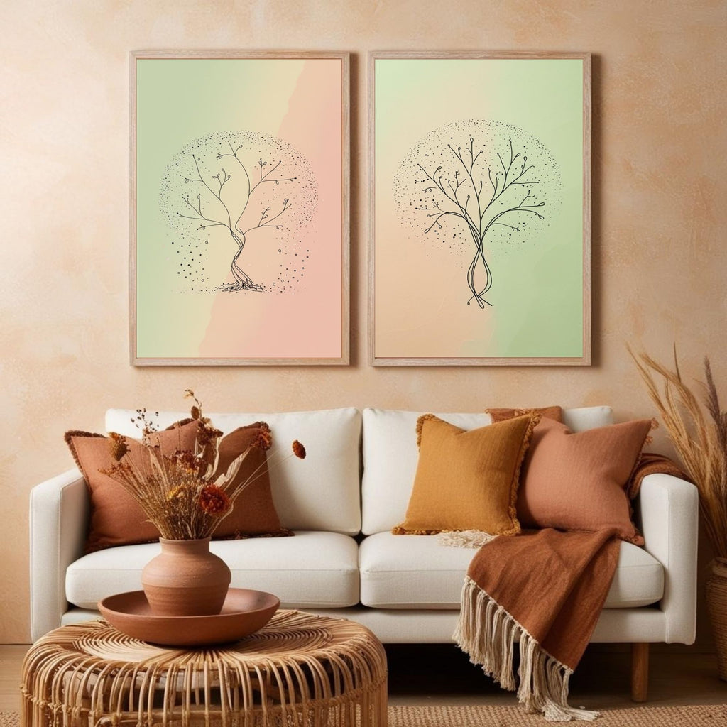 Minimalist Tree Wall Art Set of 2 | Abstract Botanical Tree Prints | Pastel Green & Blush Pink Decor | Scandinavian Nature Art | Modern Organic Wall Decor | Digital Download