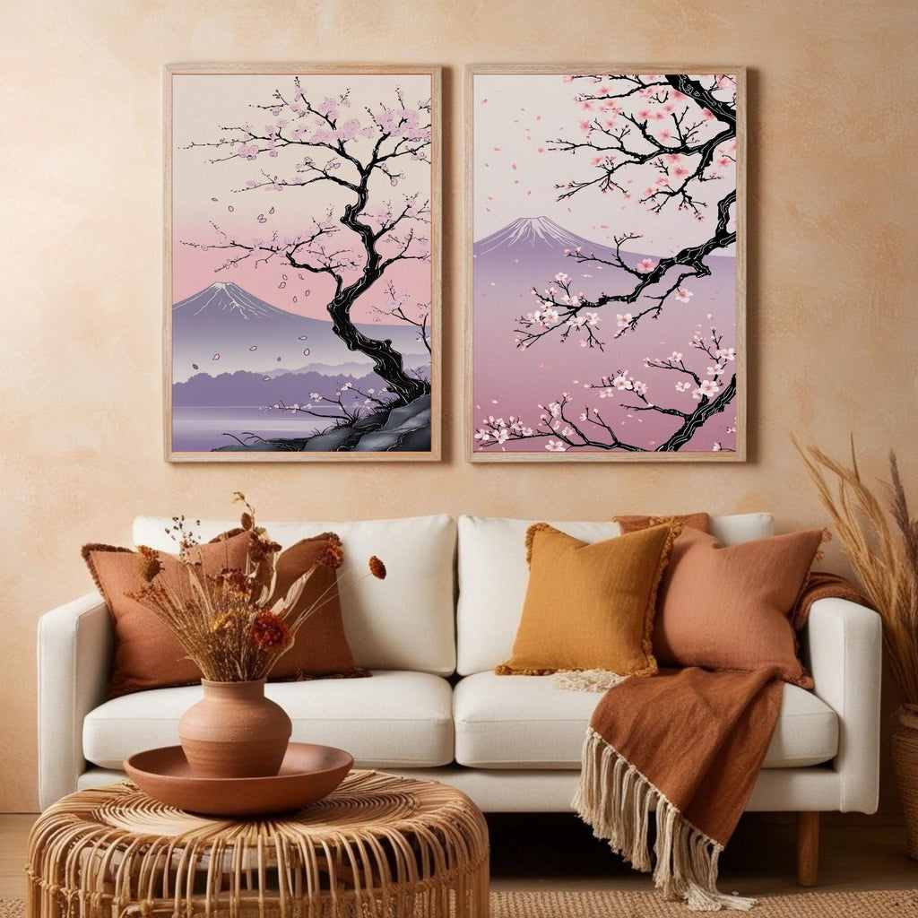 Japanese Cherry Blossom Wall Art Set of 2 | Sakura Tree Prints | Mount Fuji Landscape Decor | Pink Japanese Wall Art | Zen Nature Artwork | Digital Download