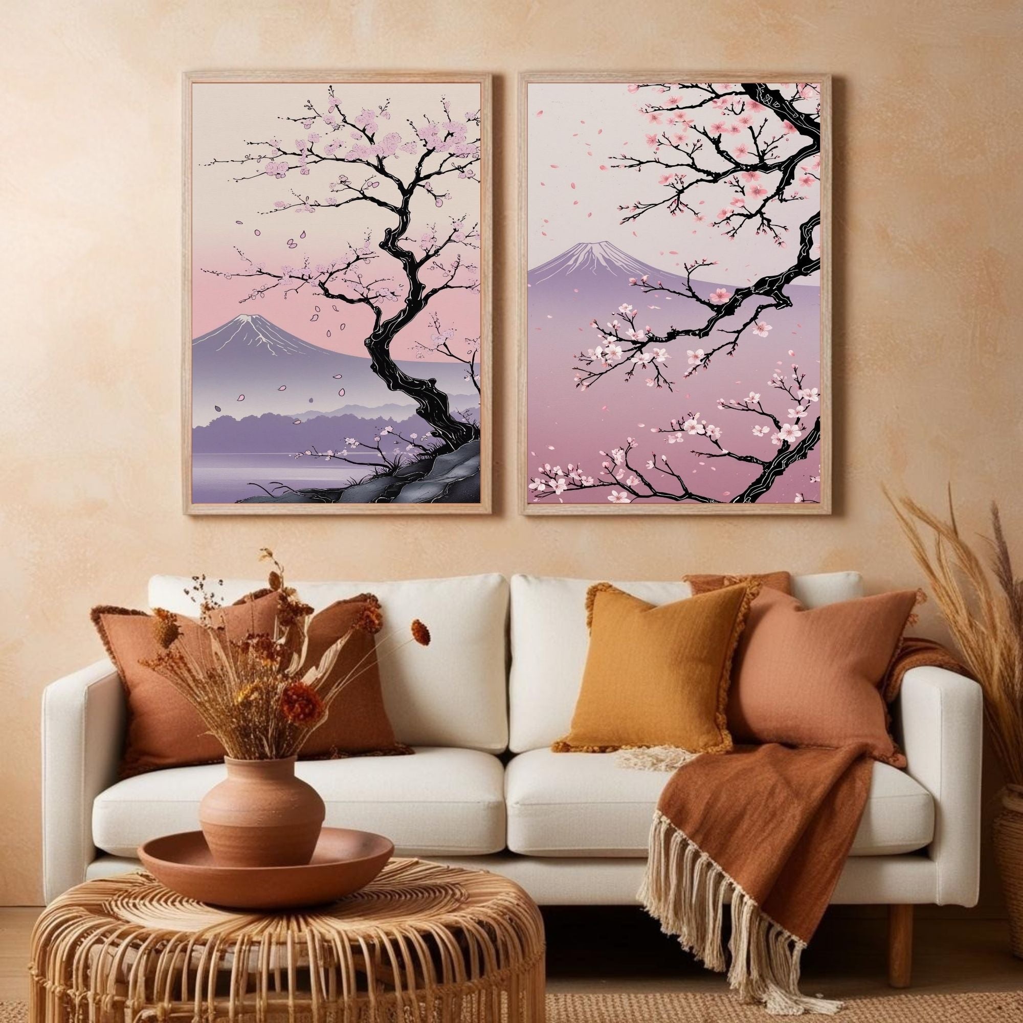 Japanese Cherry Blossom Wall Art Set of 2 | Sakura Tree Prints | Mount Fuji Landscape Decor | Pink Japanese Wall Art | Zen Nature Artwork | Digital Download