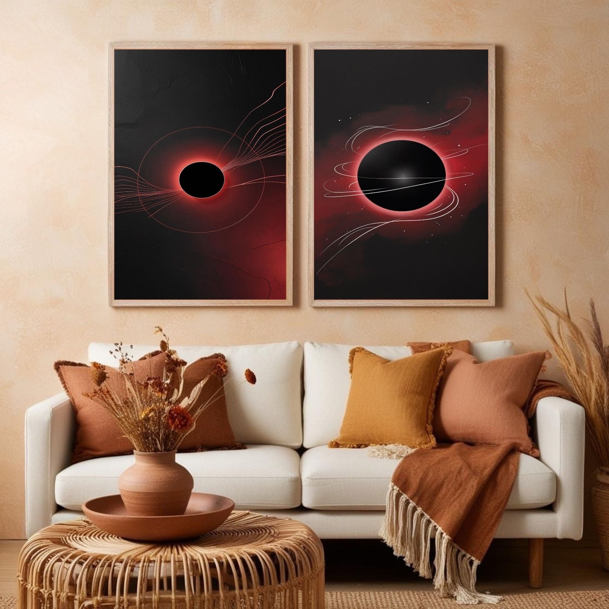Black Hole Wall Art Set of 2 | Cosmic Eclipse Prints | Abstract Space Artwork | Red and Black Celestial Decor | Modern Astronomy Wall Art | Digital Download