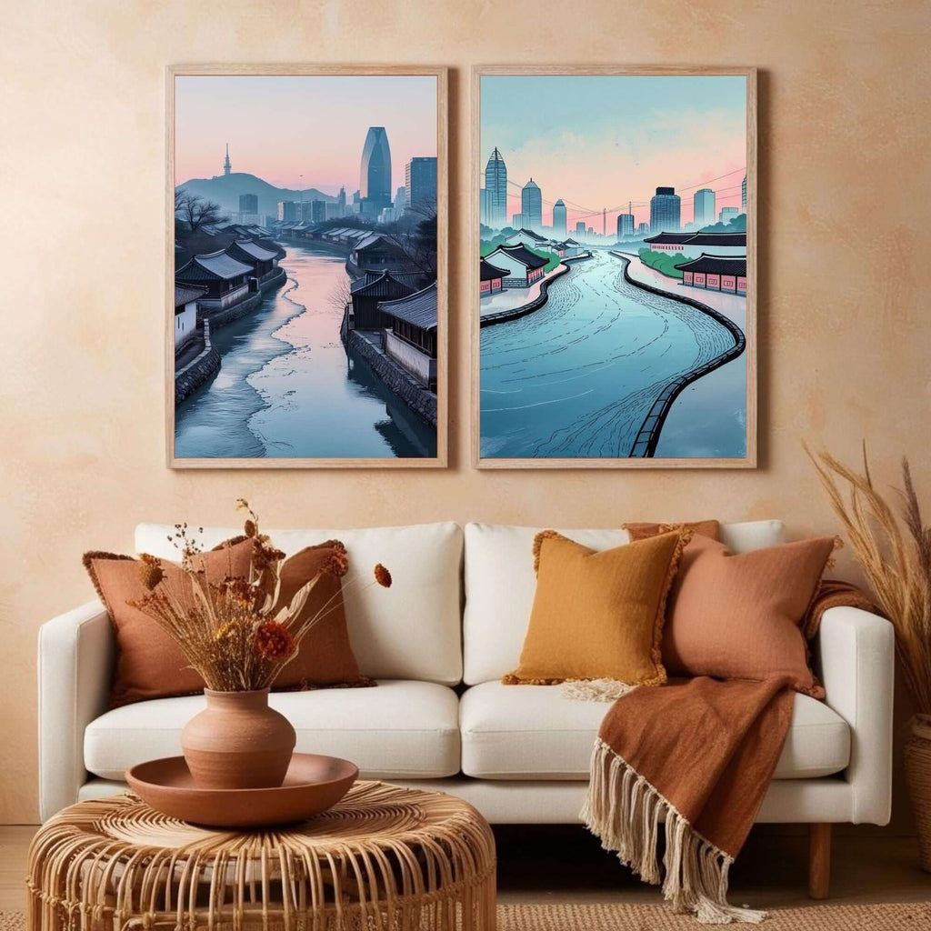 Korean Cityscape Wall Art Set of 2 | Traditional Village & Modern Skyline Prints | Asian Architecture Decor | Seoul Inspired Artwork | Printable Wall Decor