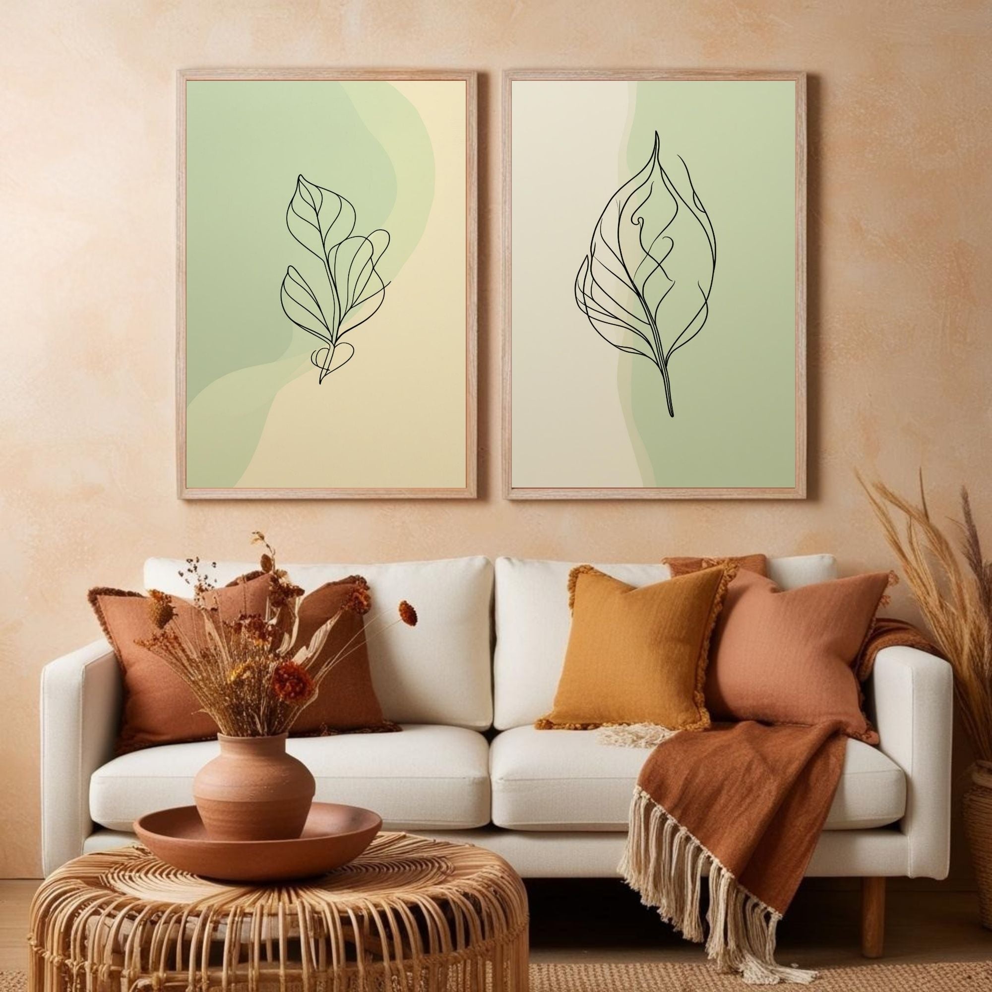 Minimalist Leaf Wall Art Set of 2 Botanical Line Art Prints