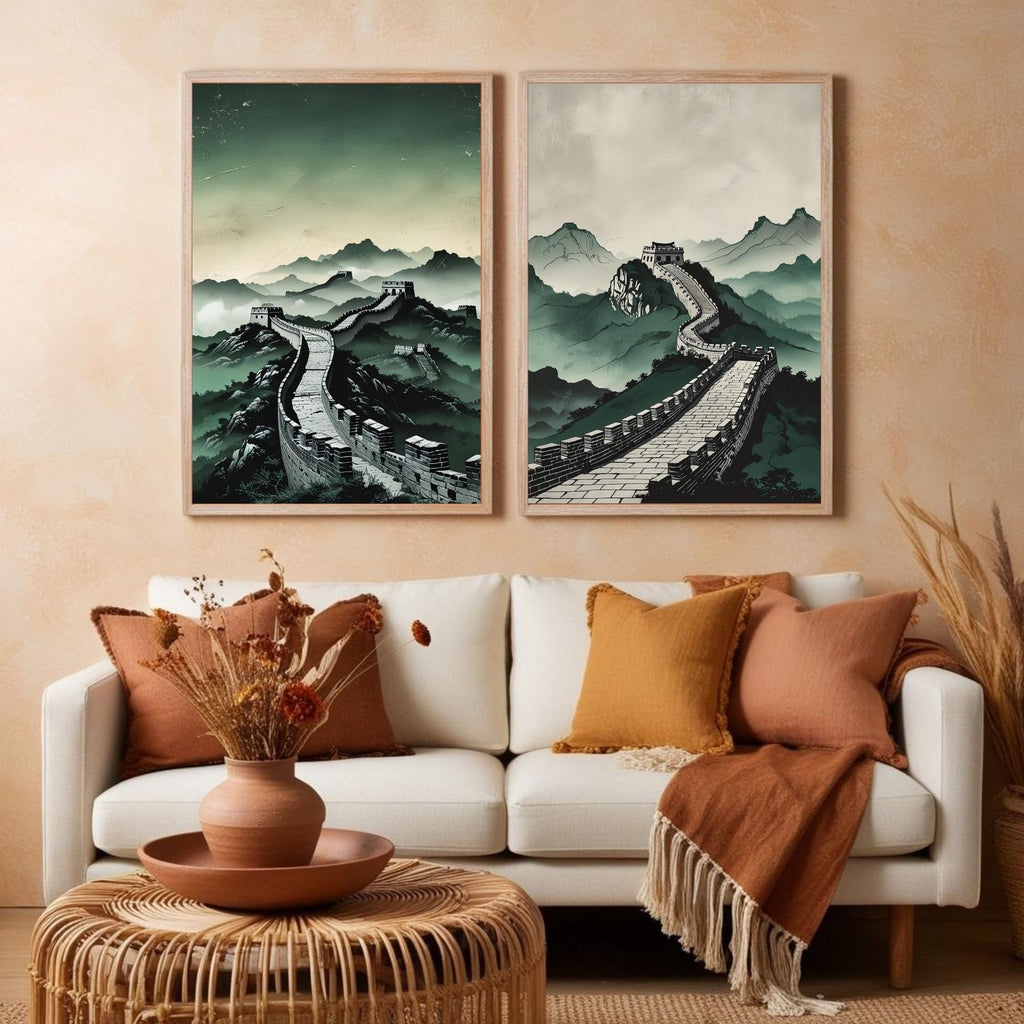 Great Wall of China Wall Art Set of 2 | Asian Landscape Prints | Chinese Architecture Decor | Oriental Mountain Artwork | Minimalist Travel Wall Art | Printable Decor