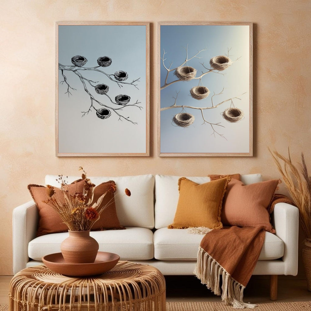 Bird Nest Wall Art Set of 2 Minimalist Nature Printable Decor