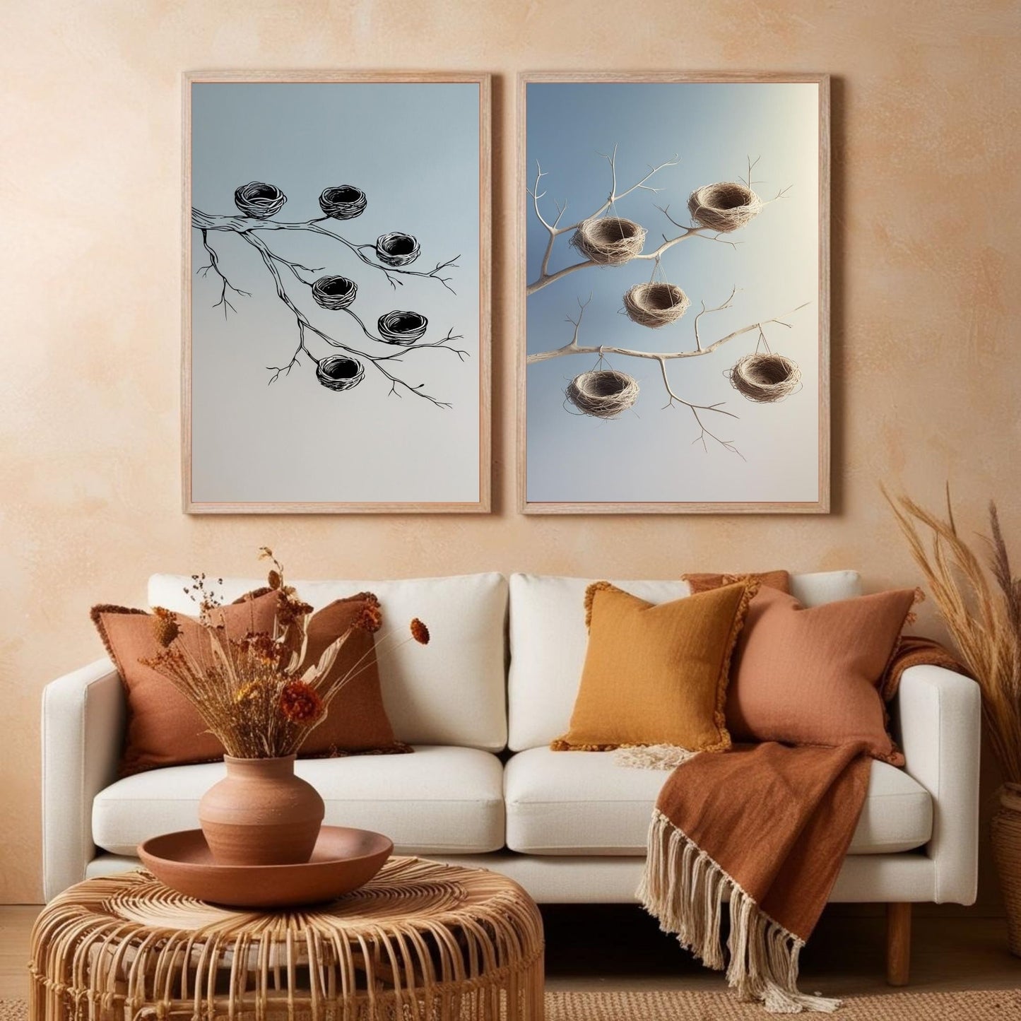 Bird Nest Wall Art Set of 2 Printable, Botanical Branch Prints, Rustic Nature Home Decor, Digital Download