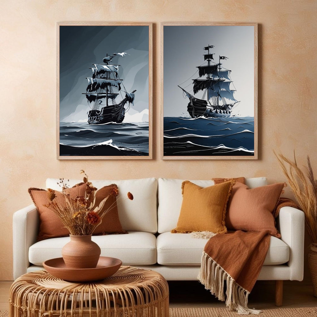 Pirate Ship Wall Art Set of 2 Vintage Nautical Prints