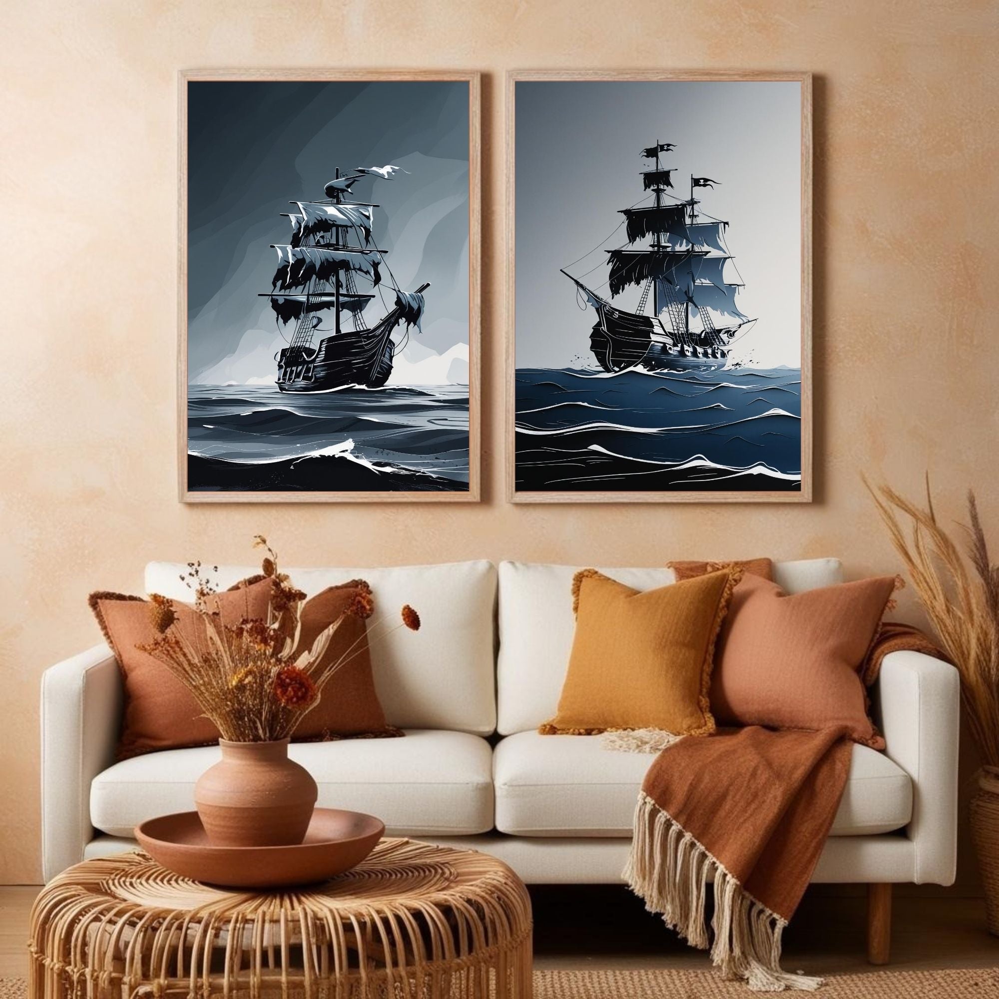 Pirate Ship Wall Art Set of 2 Vintage Nautical Prints