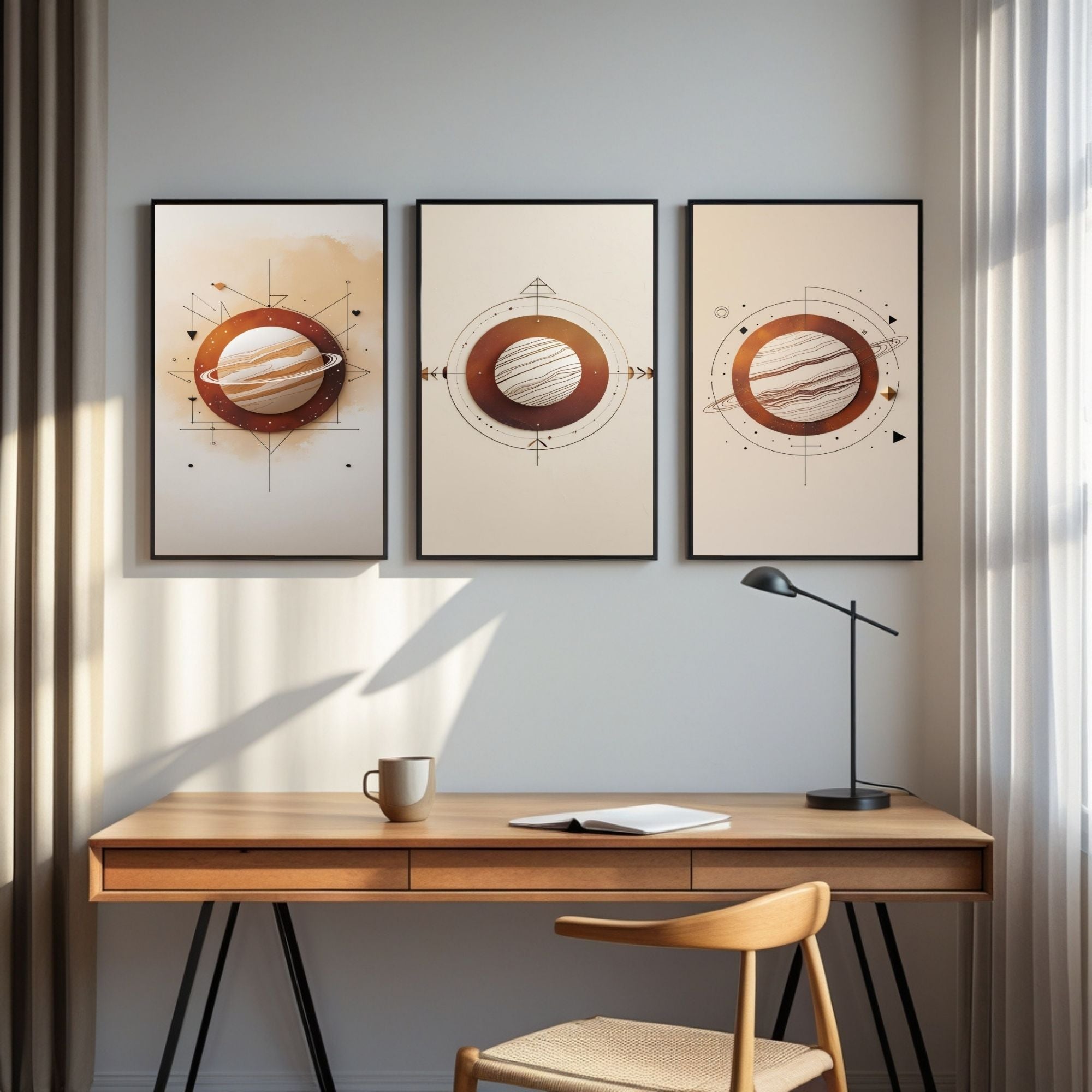 Minimalist Planet Wall Art Set of 3 | Abstract Saturn Prints | Modern Space Decor | Geometric Celestial Artwork | Digital Download