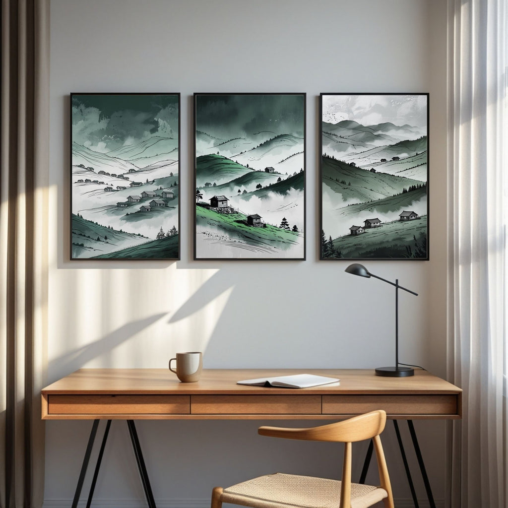Green Mountain Valley Wall Art Set of 3 | Misty Hills Landscape Prints | Rustic Countryside Decor | Digital Download