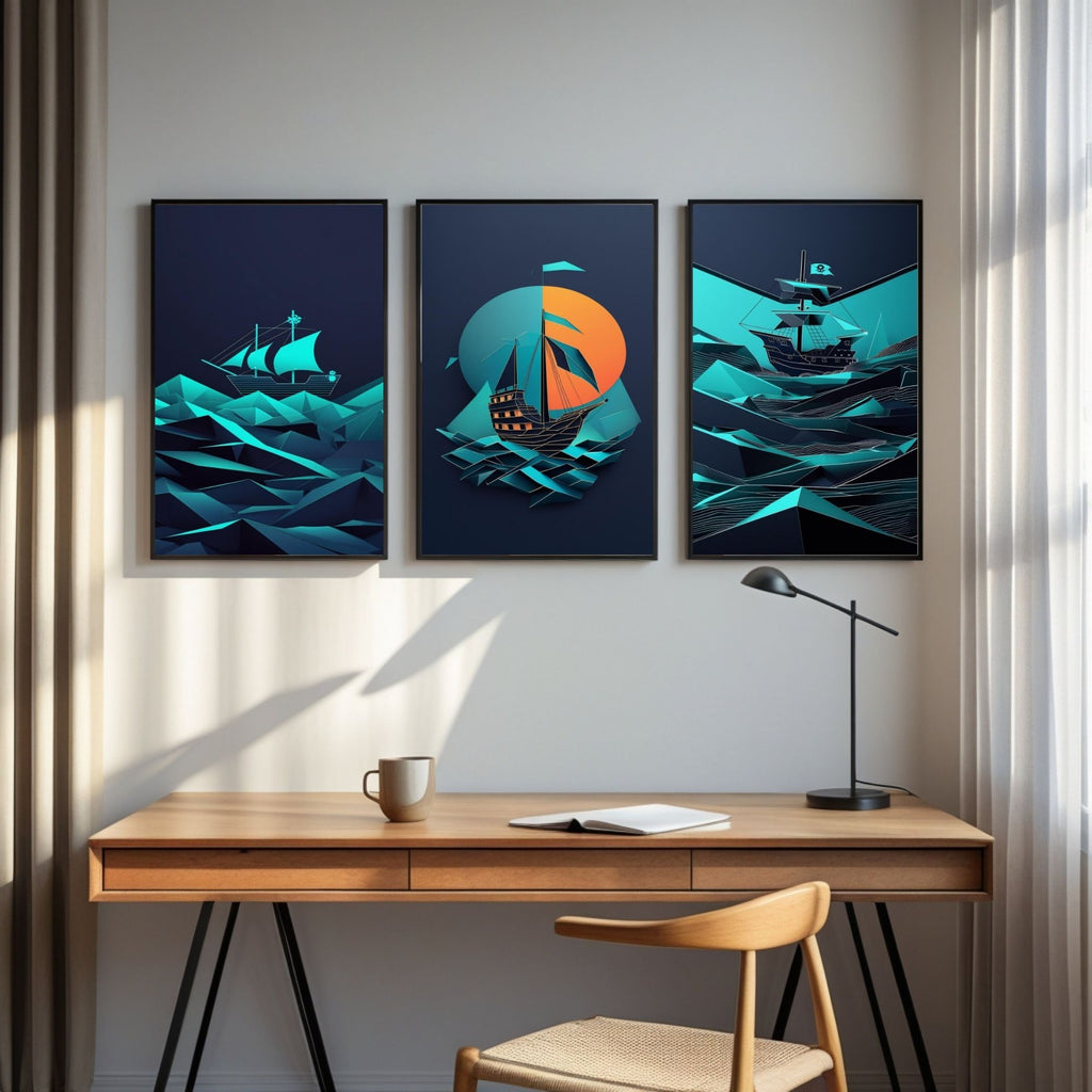 Geometric Pirate Ship Wall Art Set of 3 | Modern Nautical Printable Art | Abstract Sailing Ship Decor | Ocean Adventure Wall Art | Coastal Home Decor | Digital Download