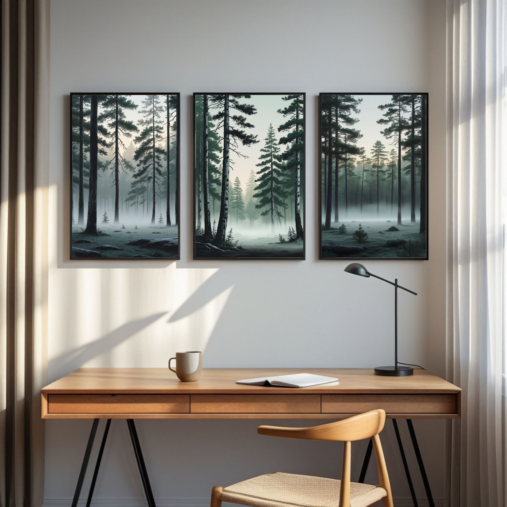 Misty Pine Forest Wall Art Set of 3 | Foggy Woodland Prints | Scandinavian Nature Decor | Evergreen Forest Artwork | Digital Download