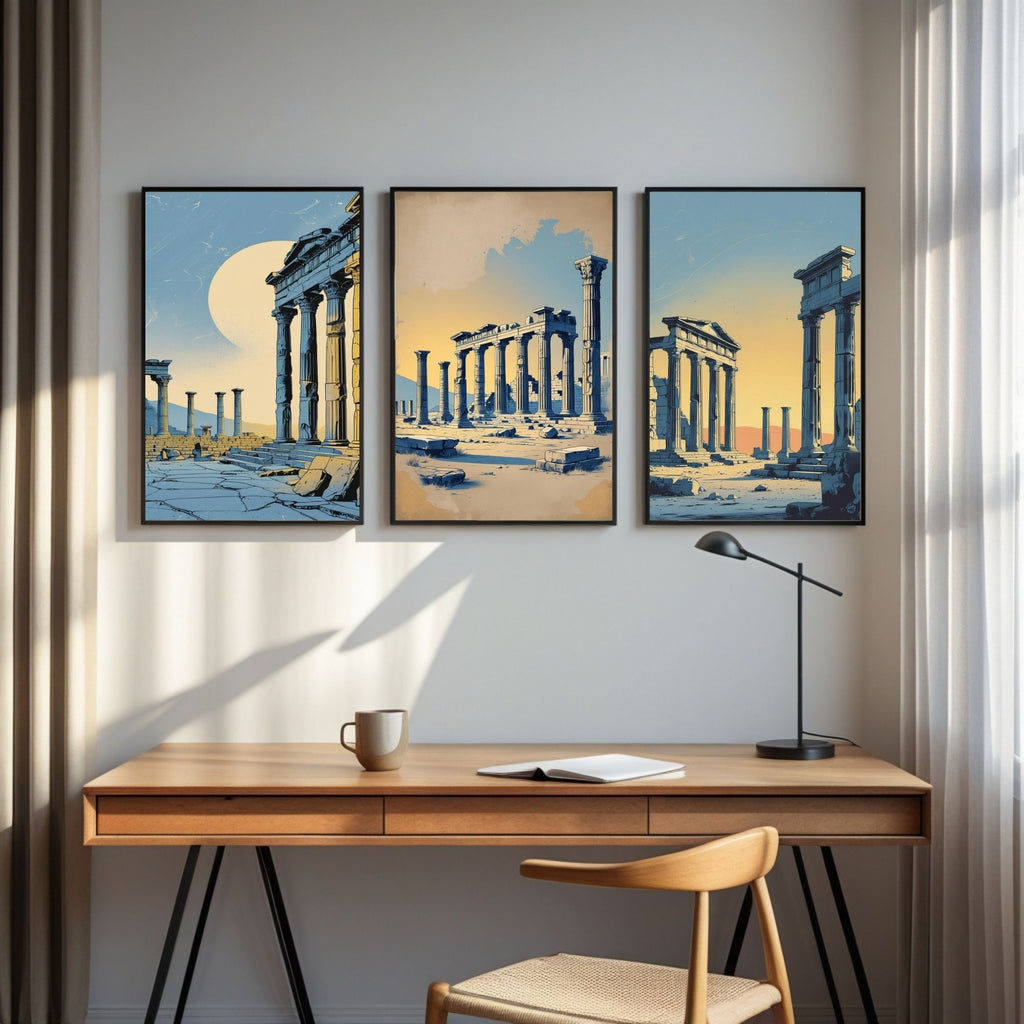 Ancient Greek Ruins Wall Art Set of 3 | Classical Architecture Prints | Historical Temple Decor | Mediterranean Antique Artwork | Digital Download