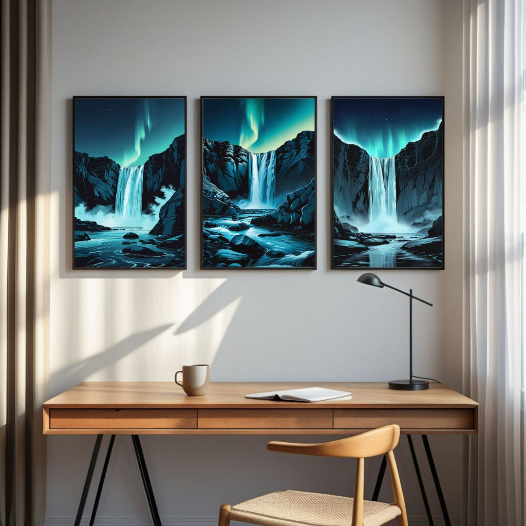 Aurora Waterfall Wall Art Set of 3 | Northern Lights Waterfall Prints | Nordic Nature Landscape Decor | Digital Download