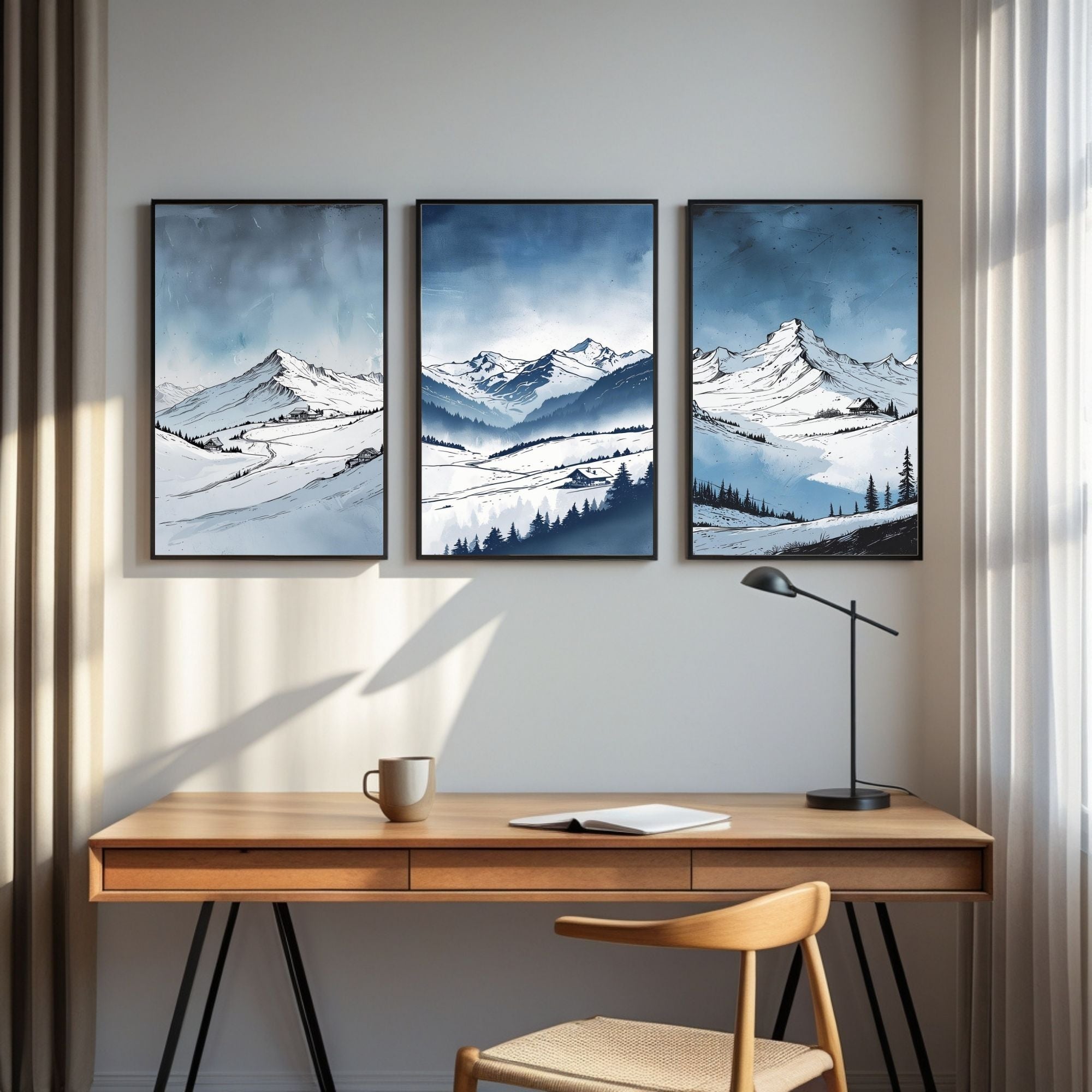 Winter Mountain Landscape Wall Art Set of 3 | Snowy Alpine Prints | Scandinavian Nature Decor | Digital Download